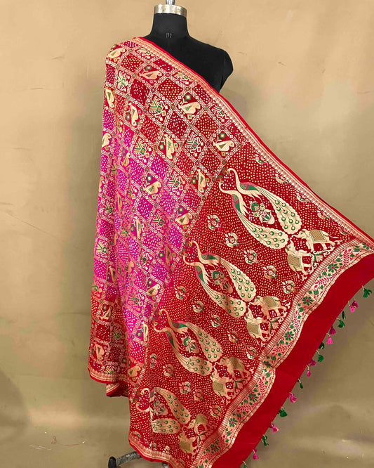 Red & Pink Shaded Meenakari Bandhani Dupatta