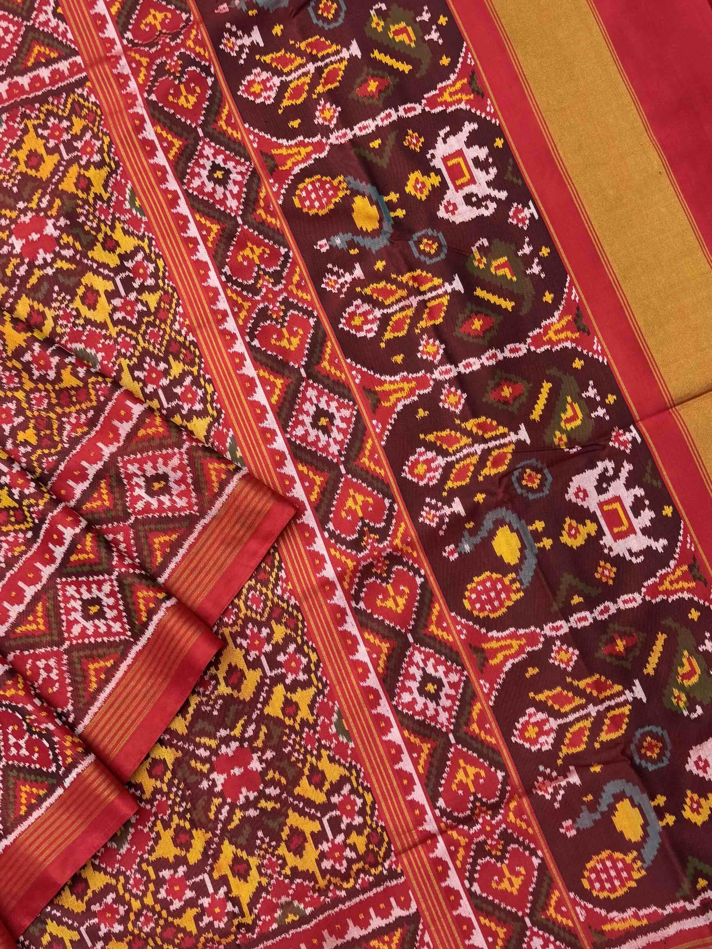 Red & musterd navratan Patola Saree