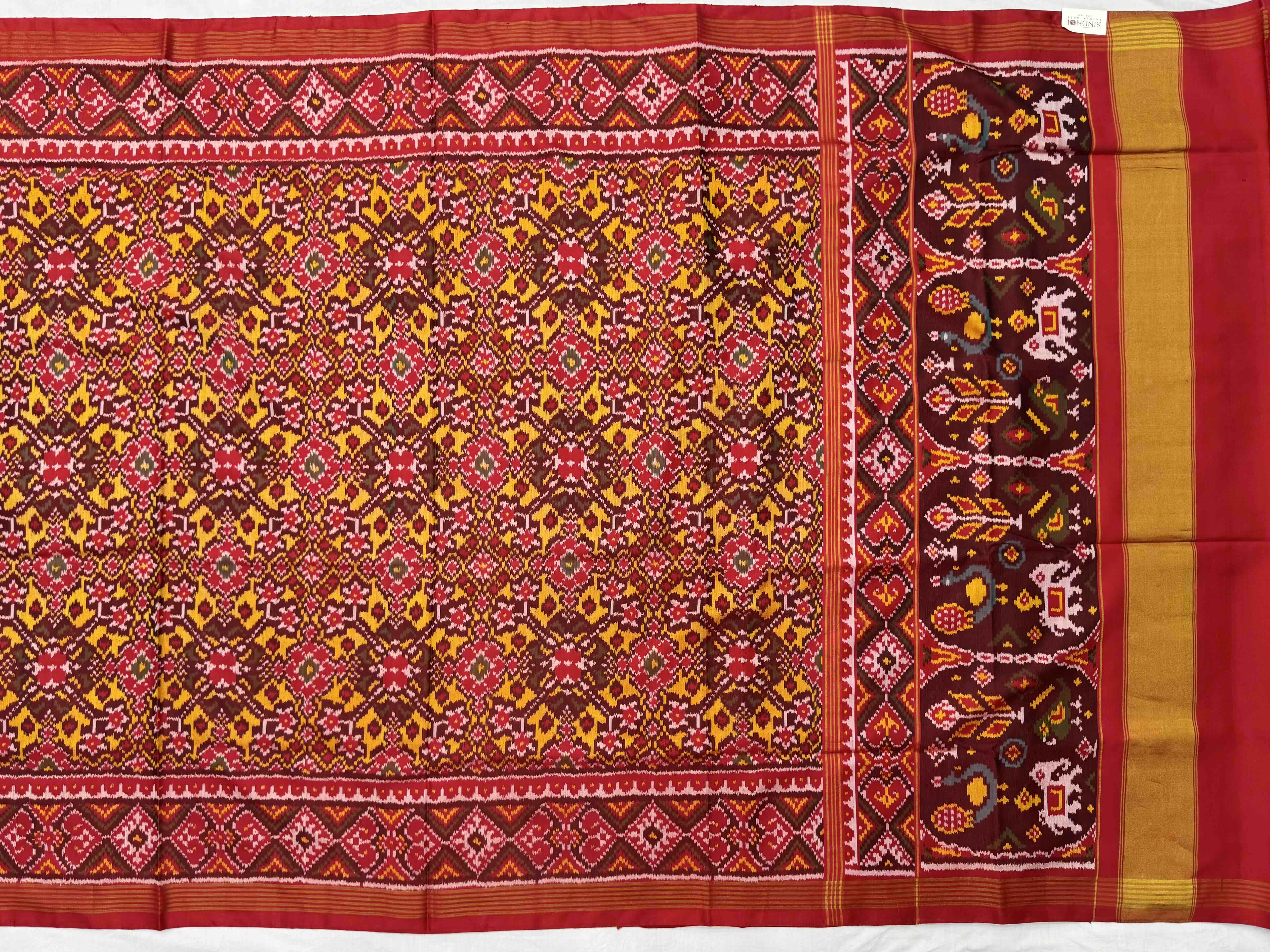 Red & musterd navratan Patola Saree
