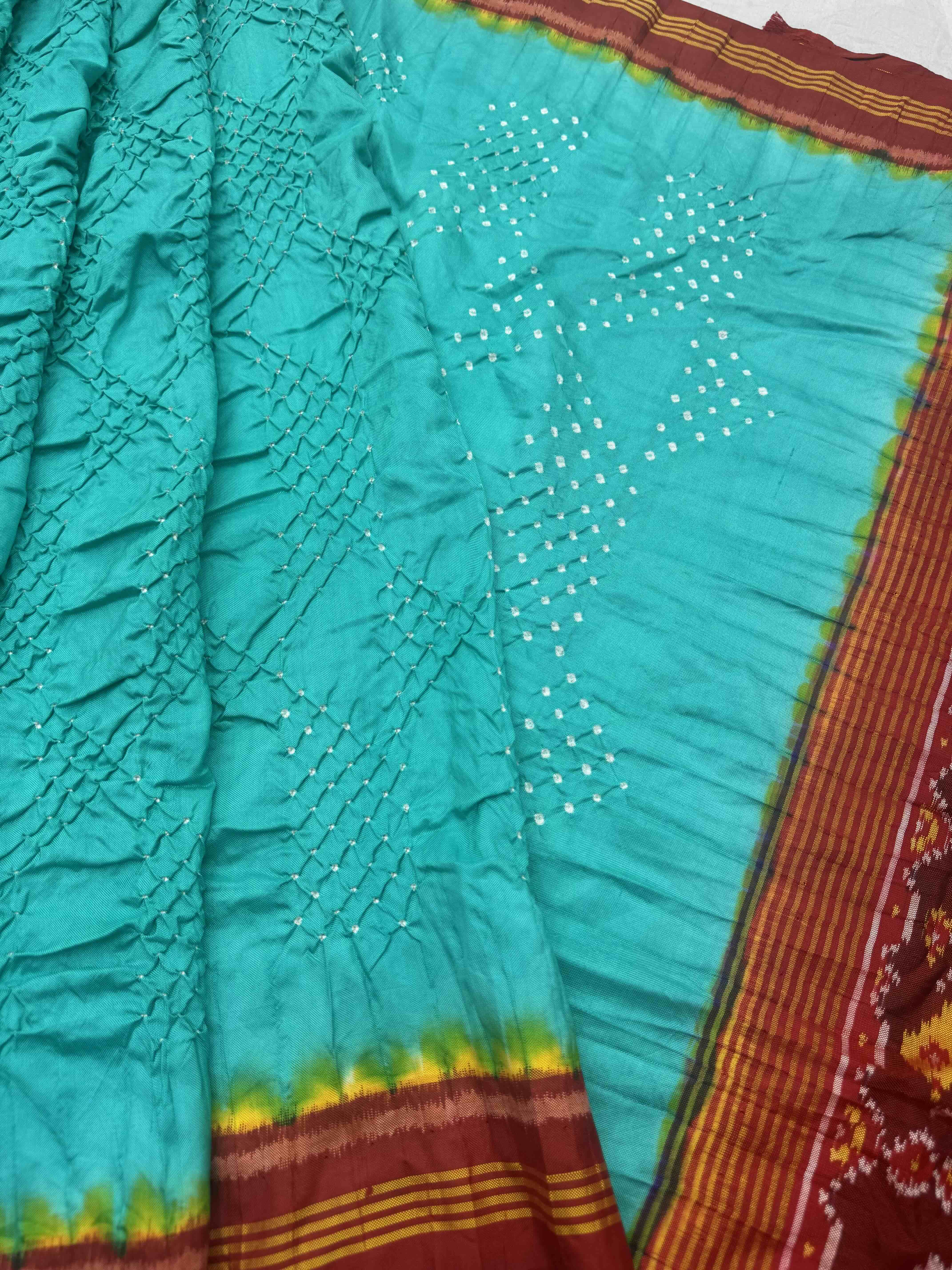 Red & Teal bluse Bandhani Patola Saree