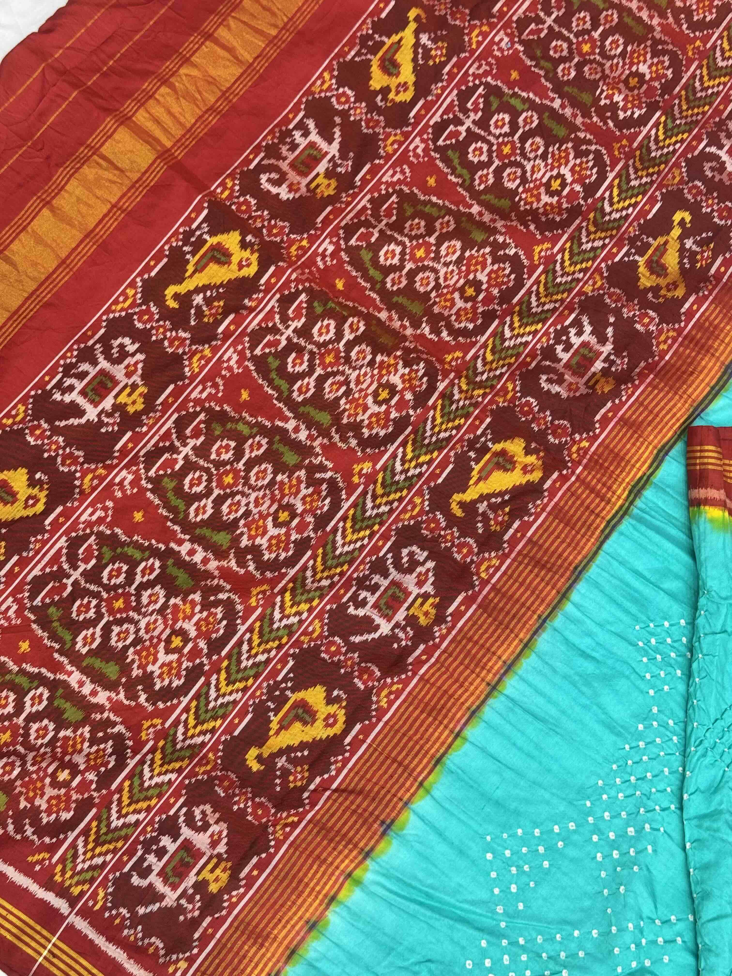 Red & Teal bluse Bandhani Patola Saree