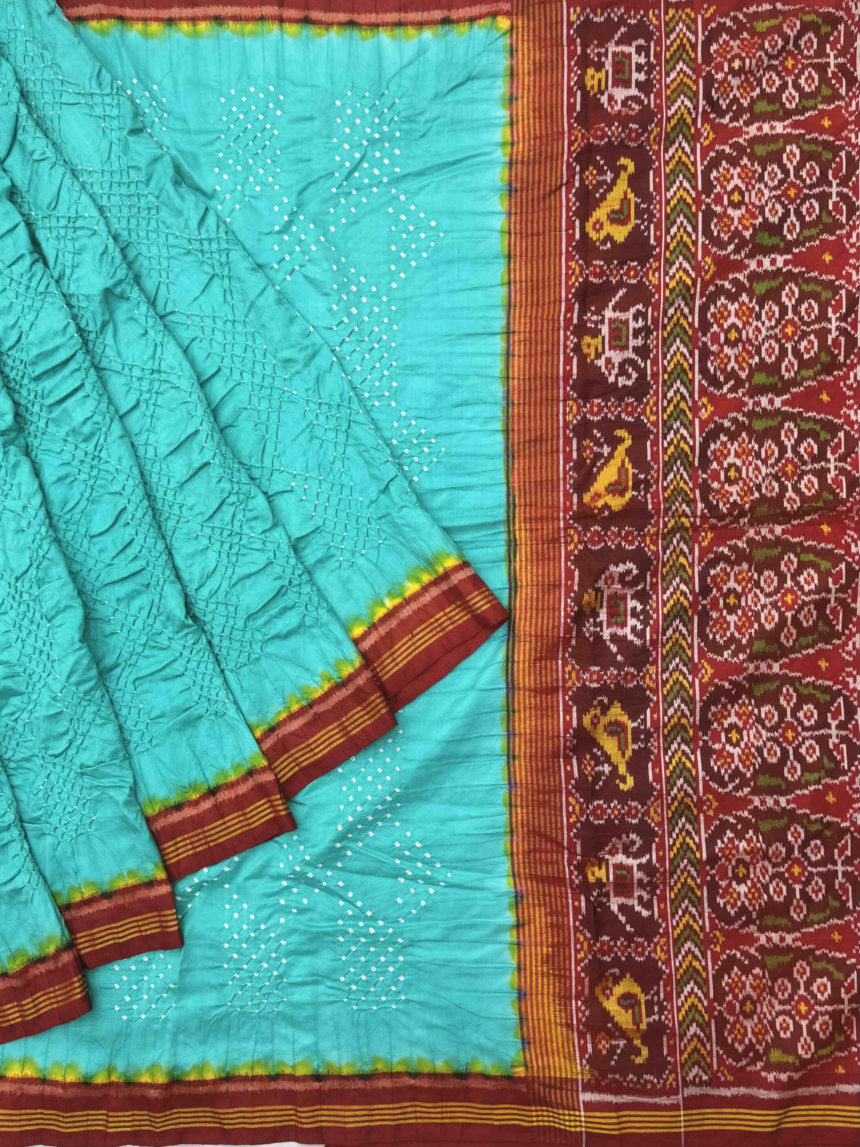 Red & Teal bluse Bandhani Patola Saree