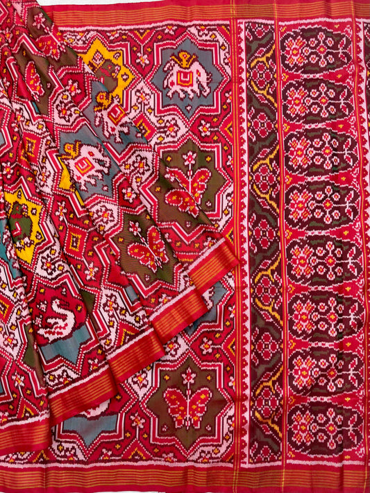 Red multi colour star figure design Patola