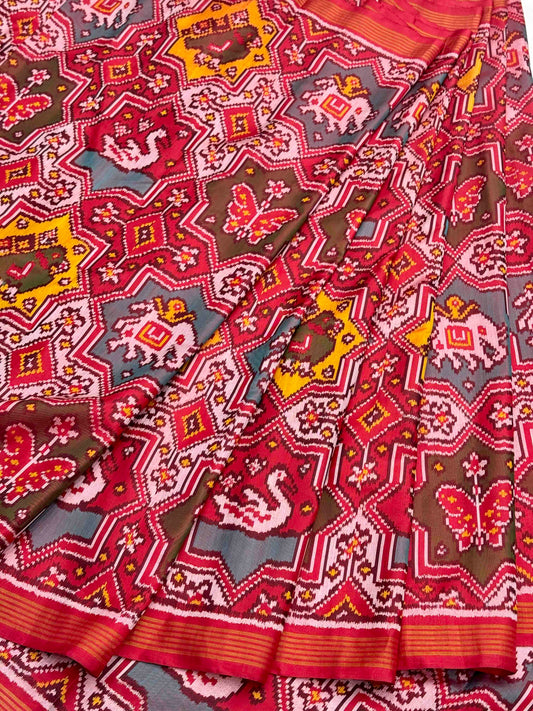 Red multi colour star figure design Patola