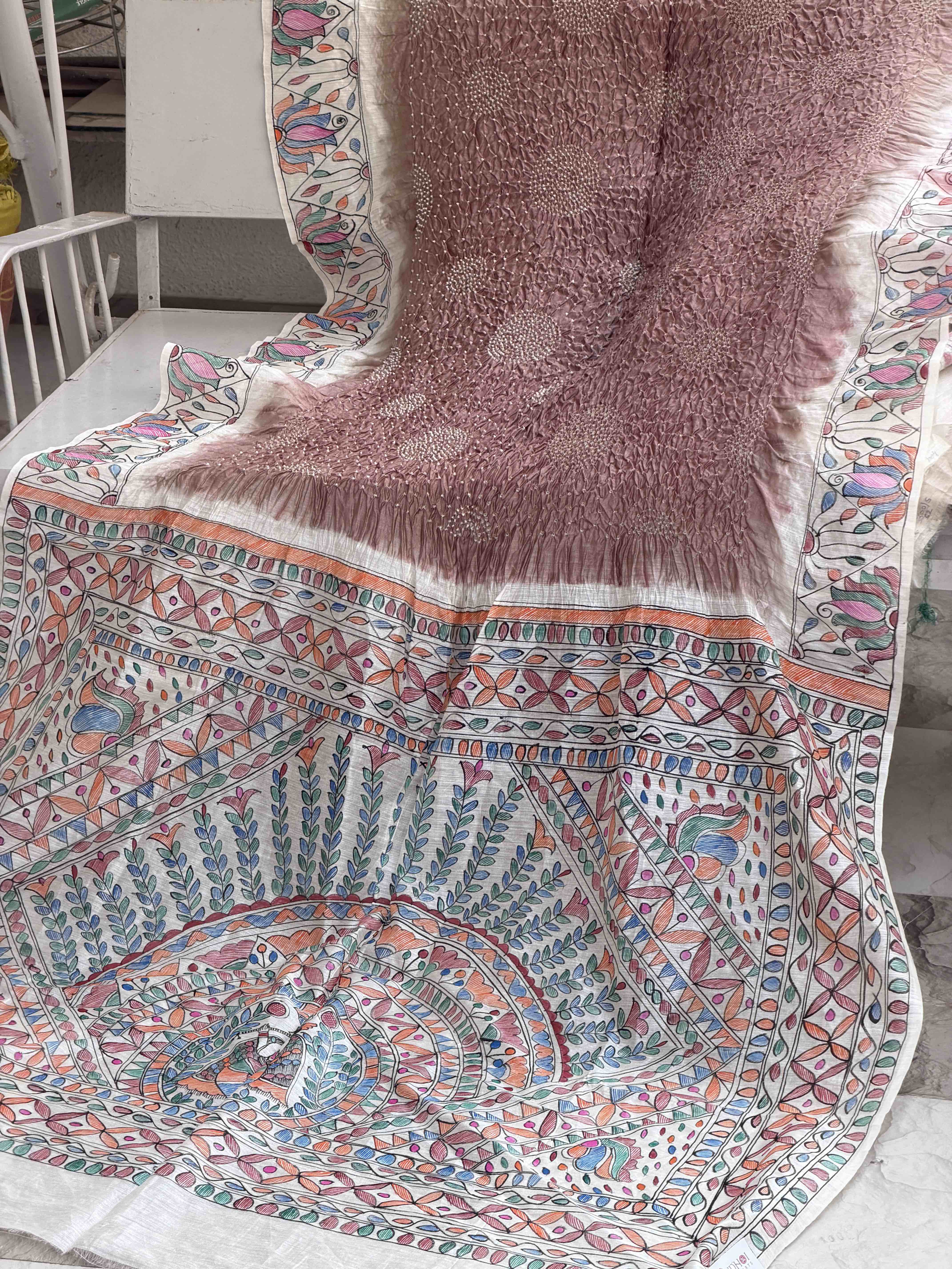 Off white & chiku Madhubani Bandhani Saree