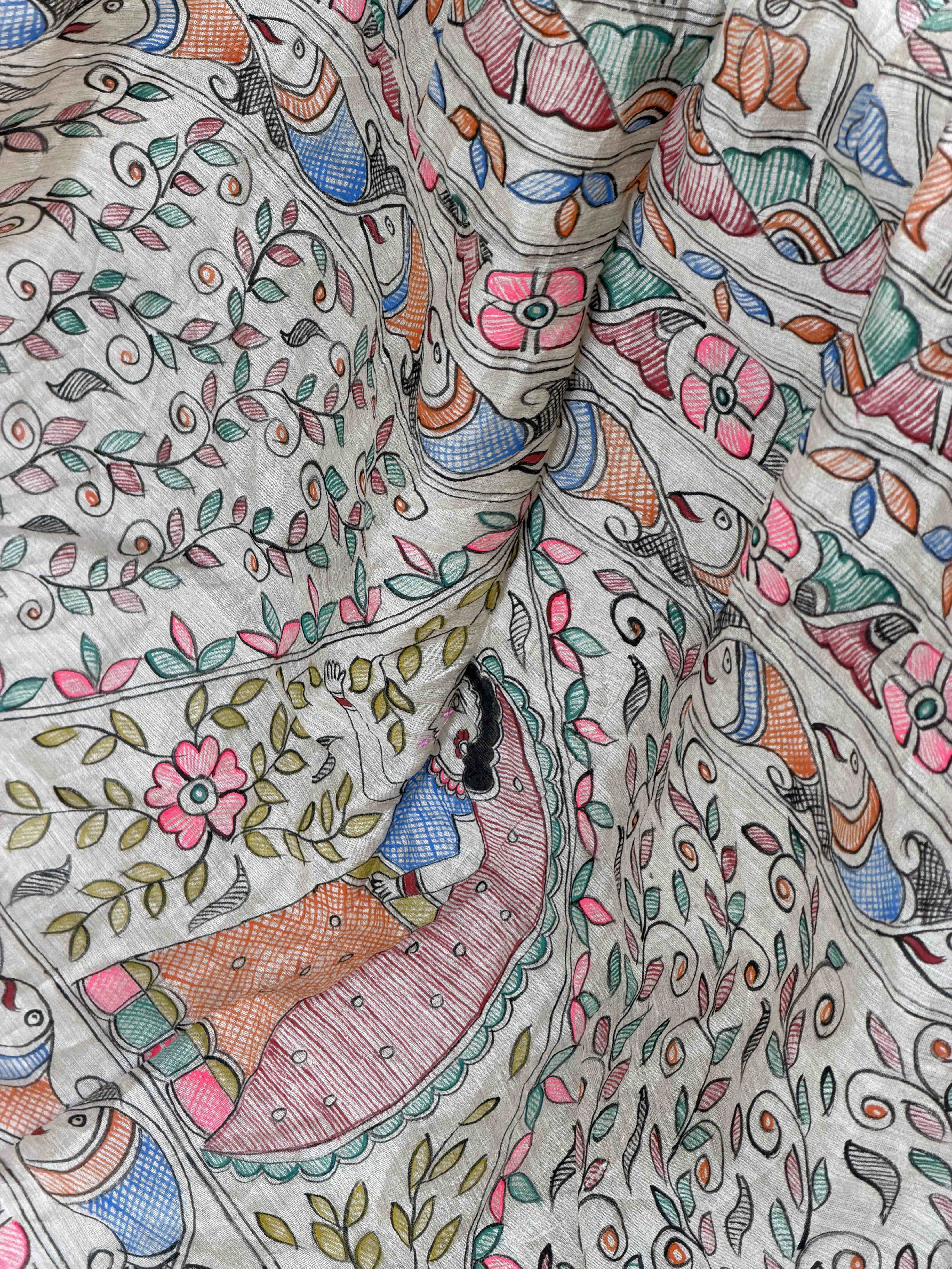 Off white & Magenta Madhubani Bandhani Saree