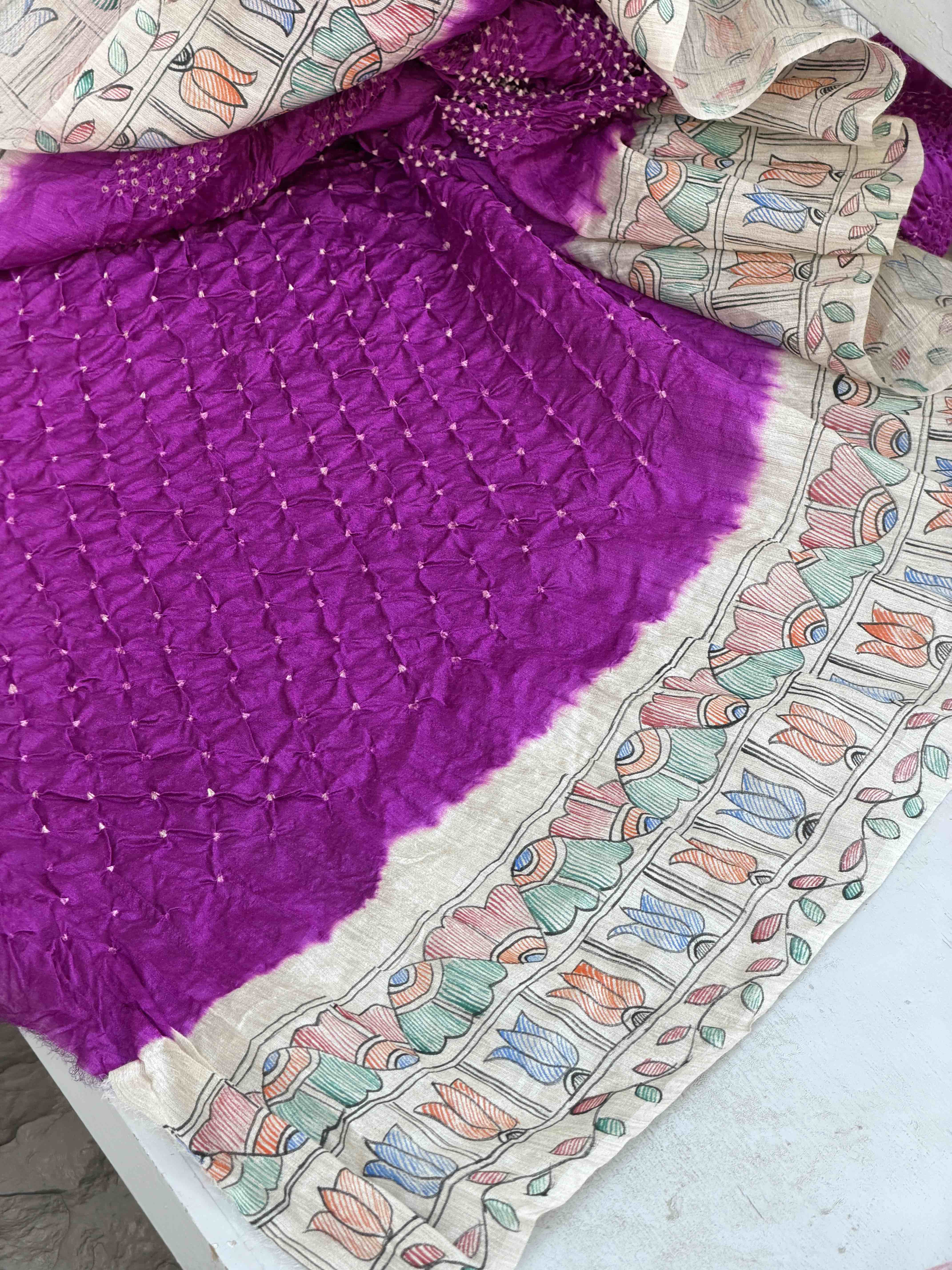 Off white & Magenta Madhubani Bandhani Saree