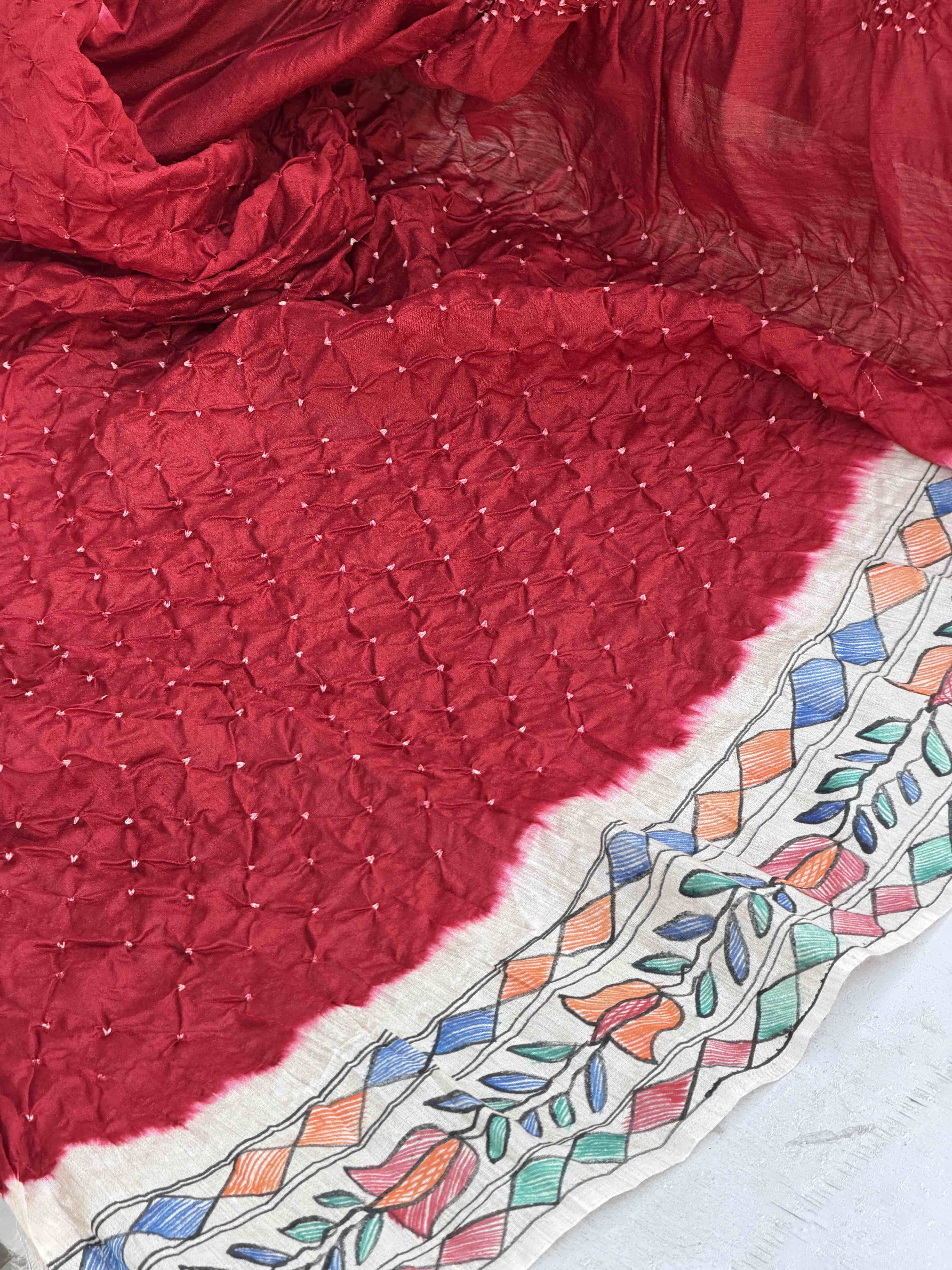 Off white & Maroon Madhubani Bandhani Saree