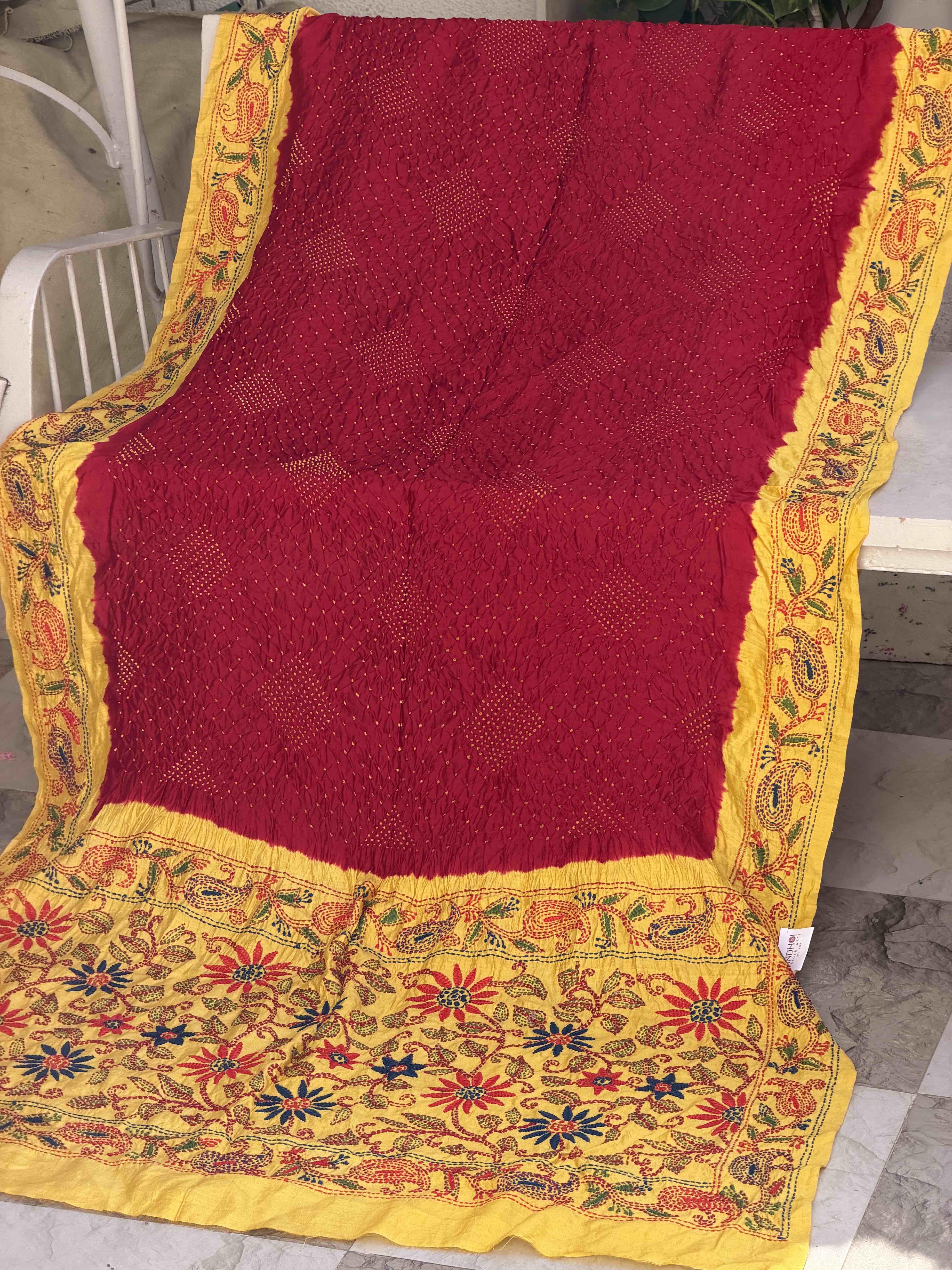 yellow & Red Kantha with Bandhani Fusion Saree