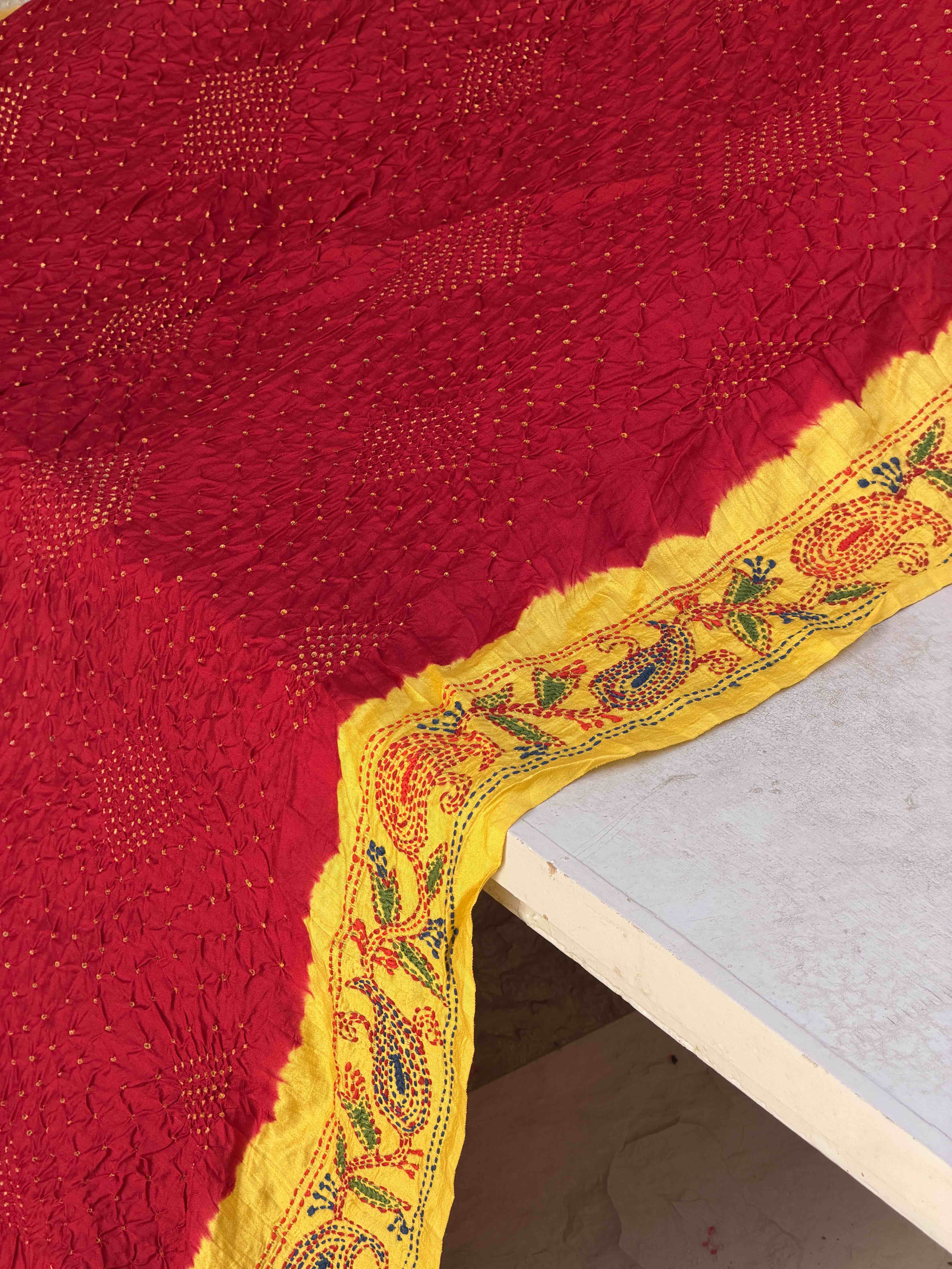 yellow & Red Kantha with Bandhani Fusion Saree