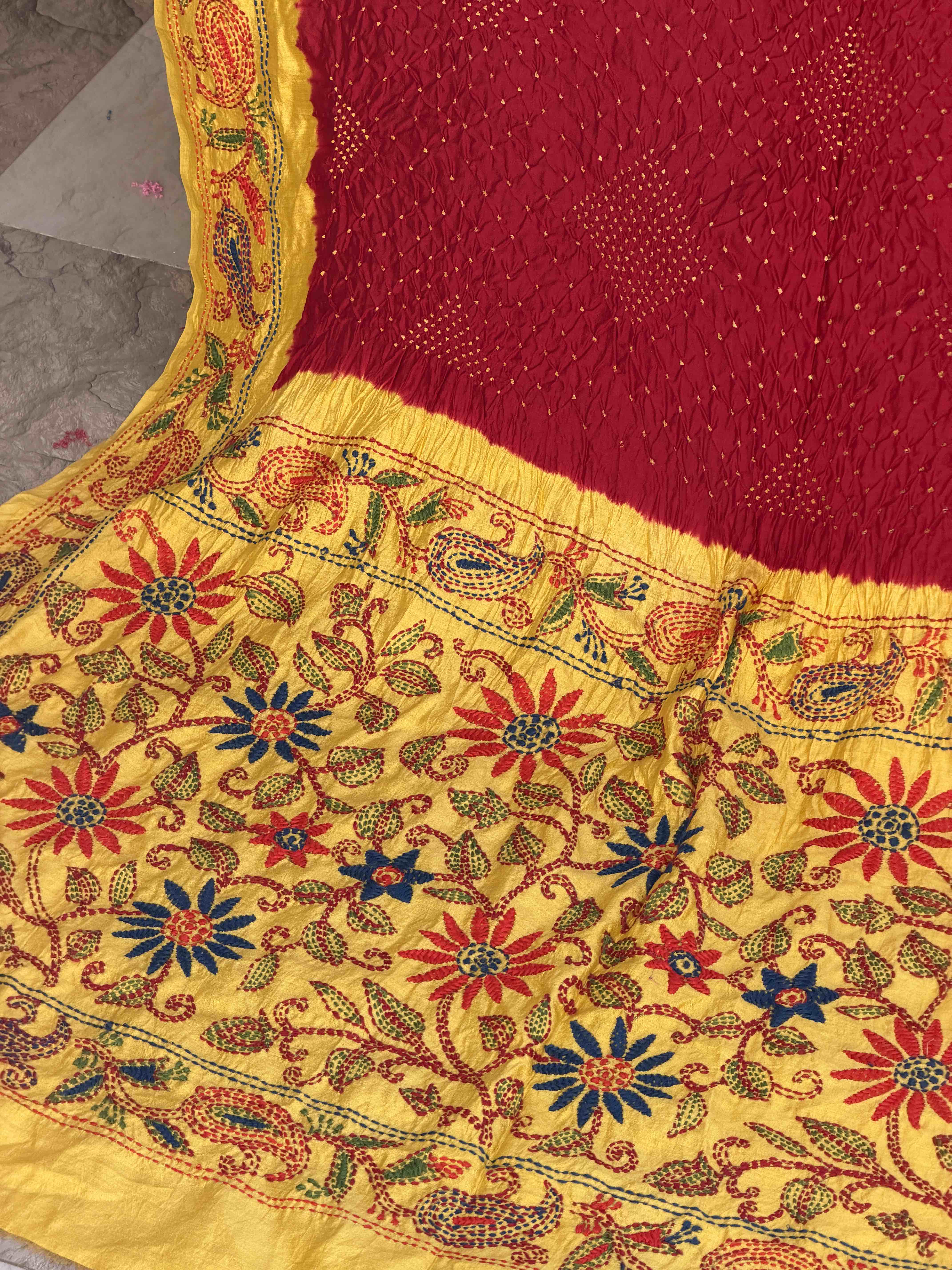 yellow & Red Kantha with Bandhani Fusion Saree