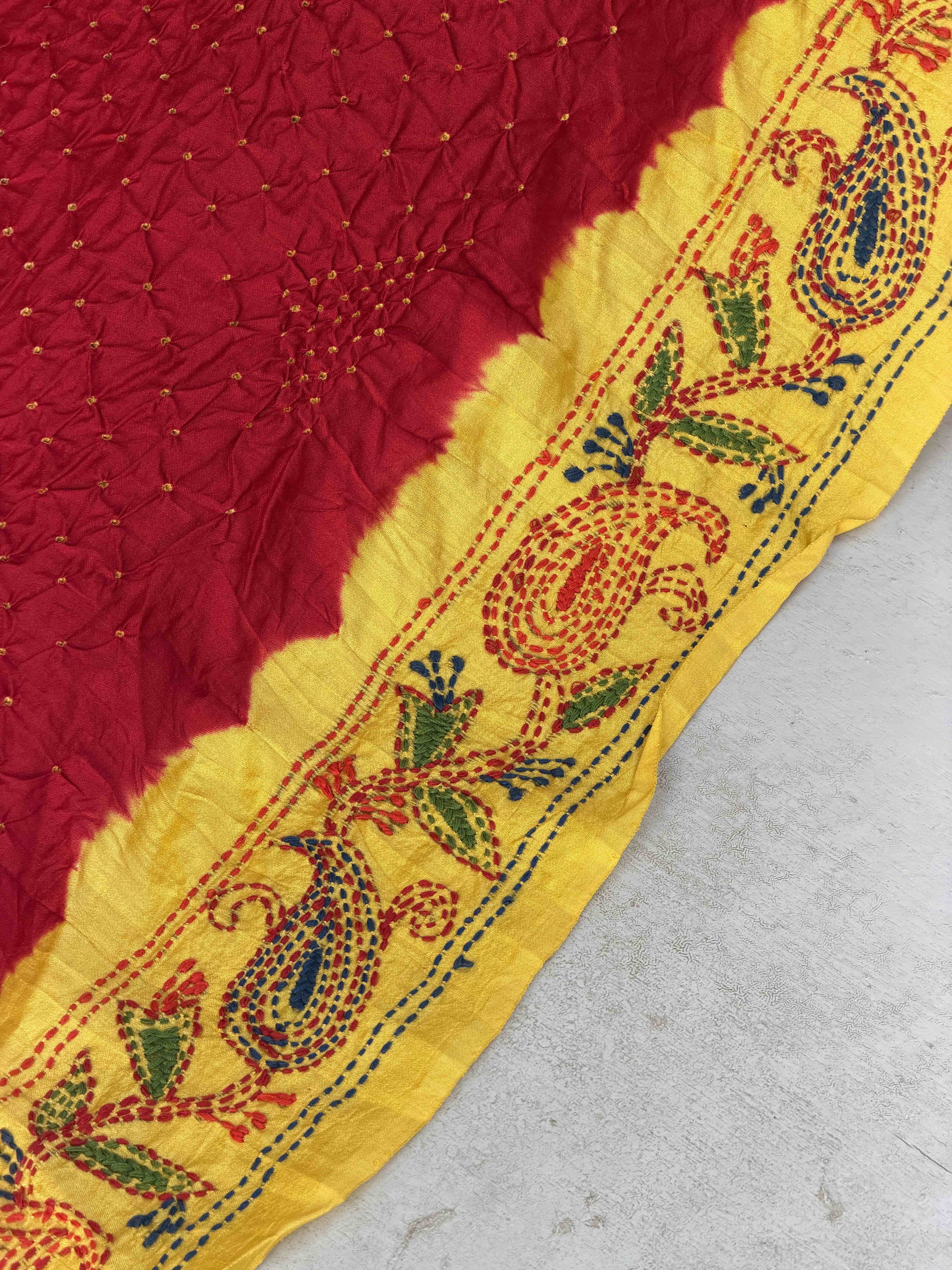 yellow & Red Kantha with Bandhani Fusion Saree