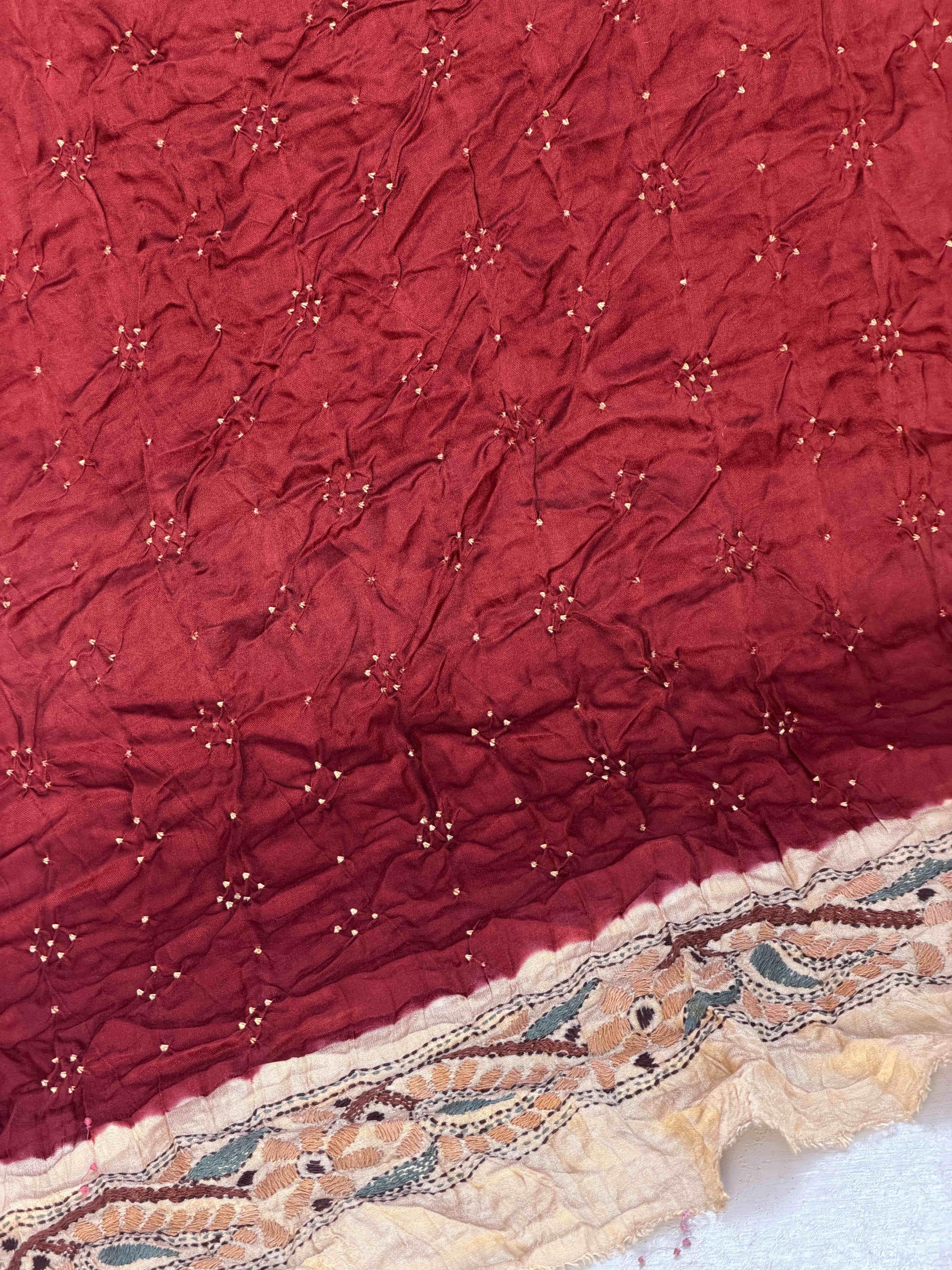 Chikoo & Maroon Real kantha bandhani saree