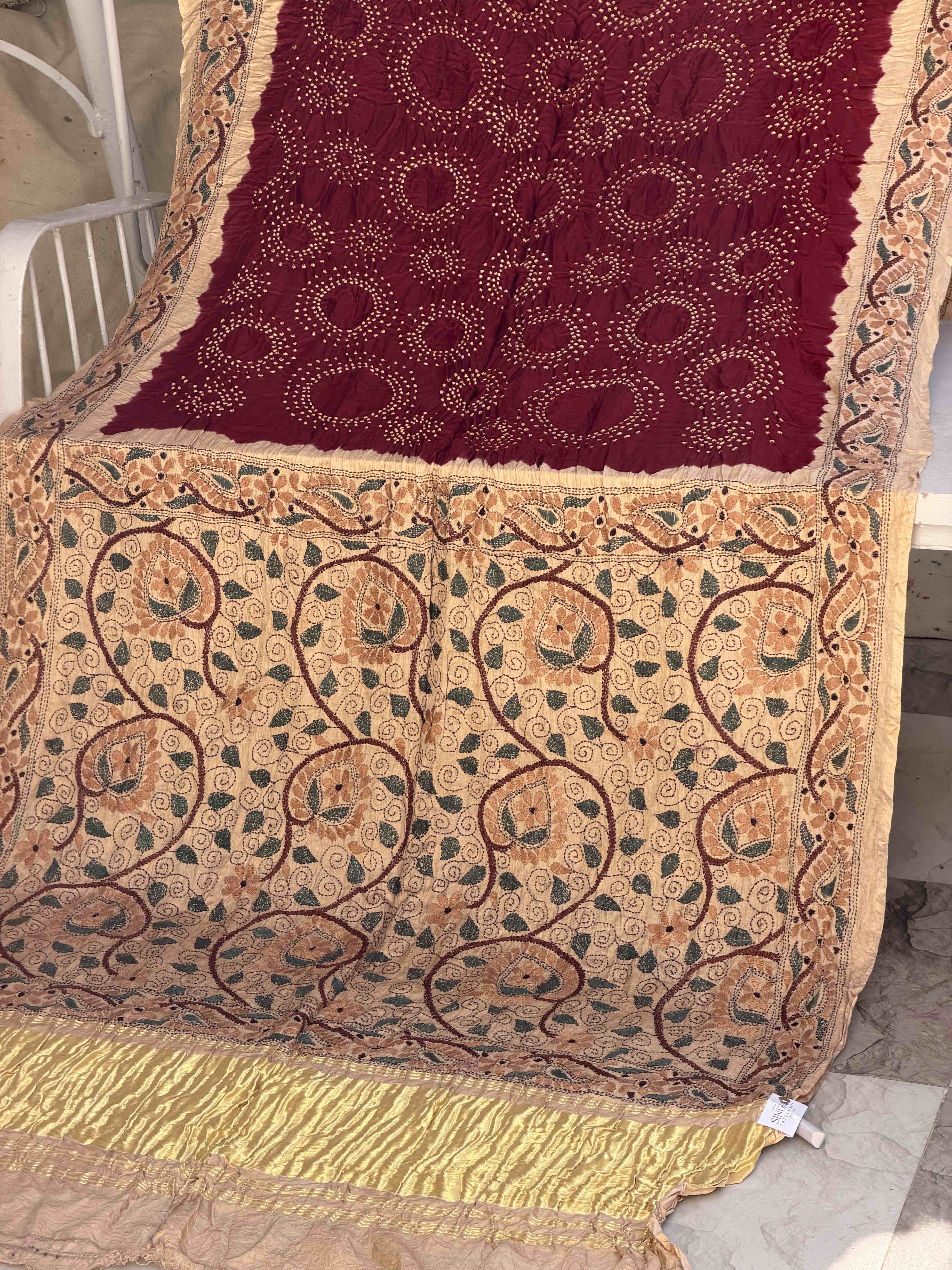 Chikoo & Maroon Real kantha bandhani saree