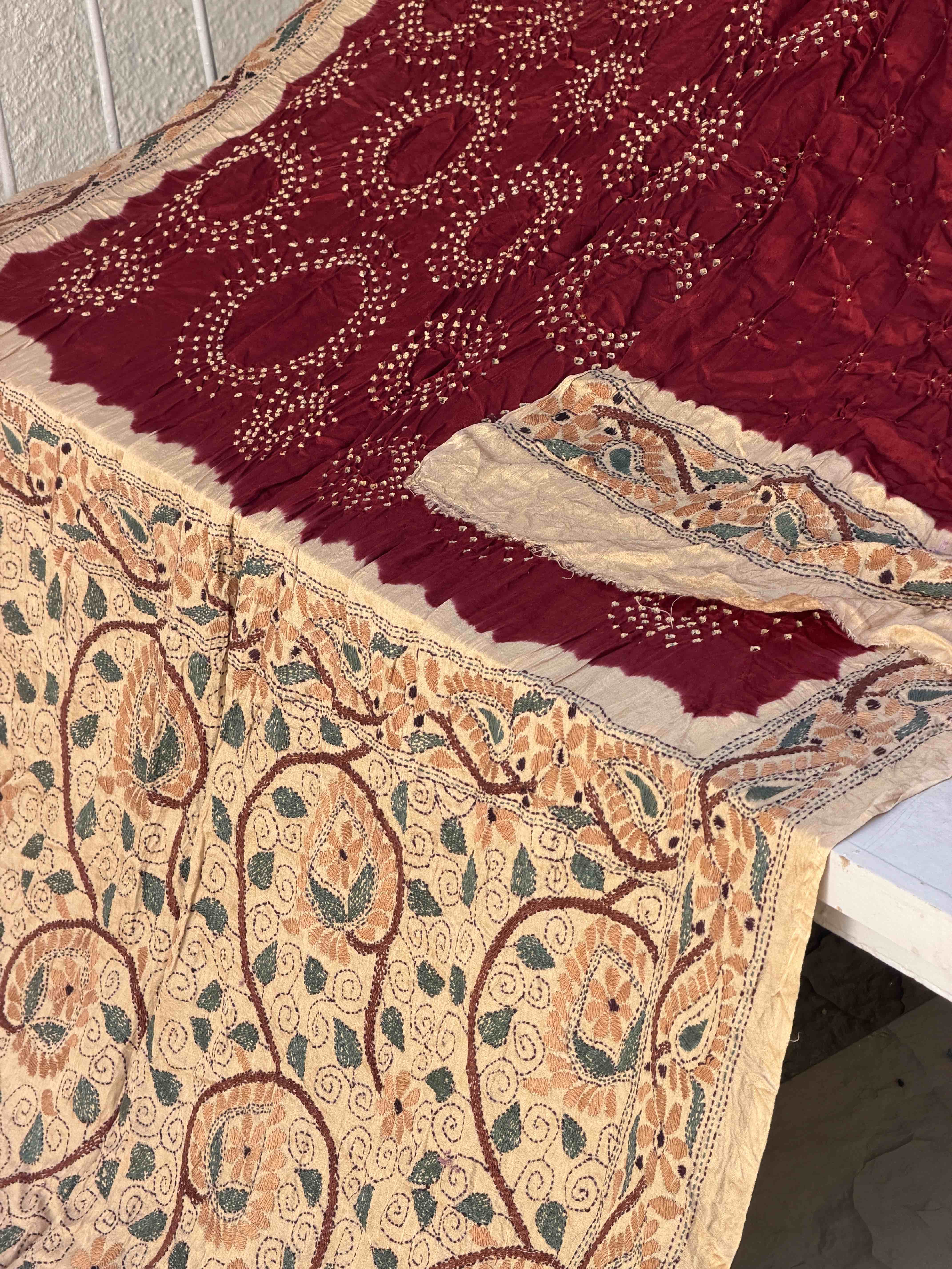 Chikoo & Maroon Real kantha bandhani saree