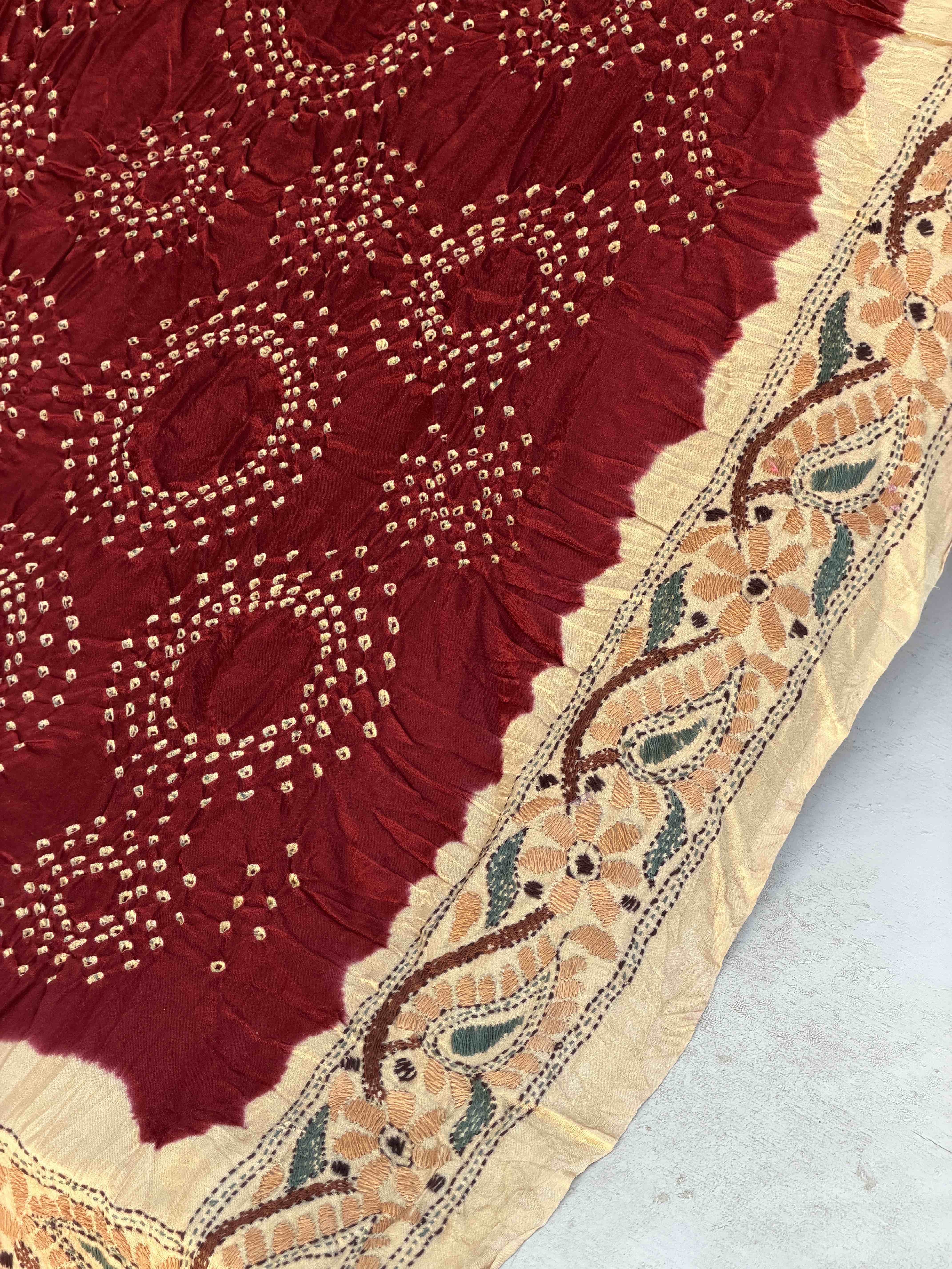 Chikoo & Maroon Real kantha bandhani saree