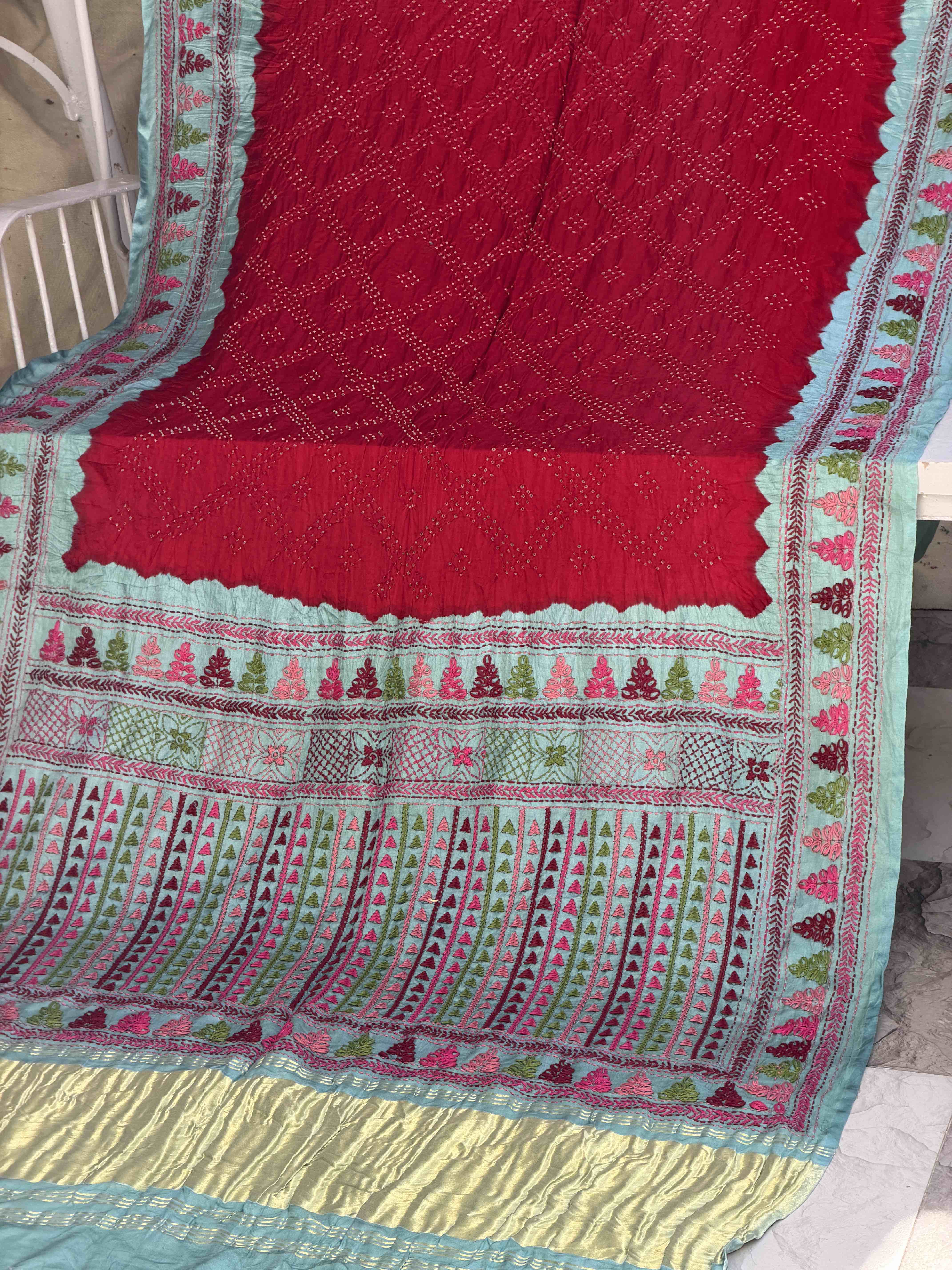 coral Blue & Red kantha Bandhani Saree