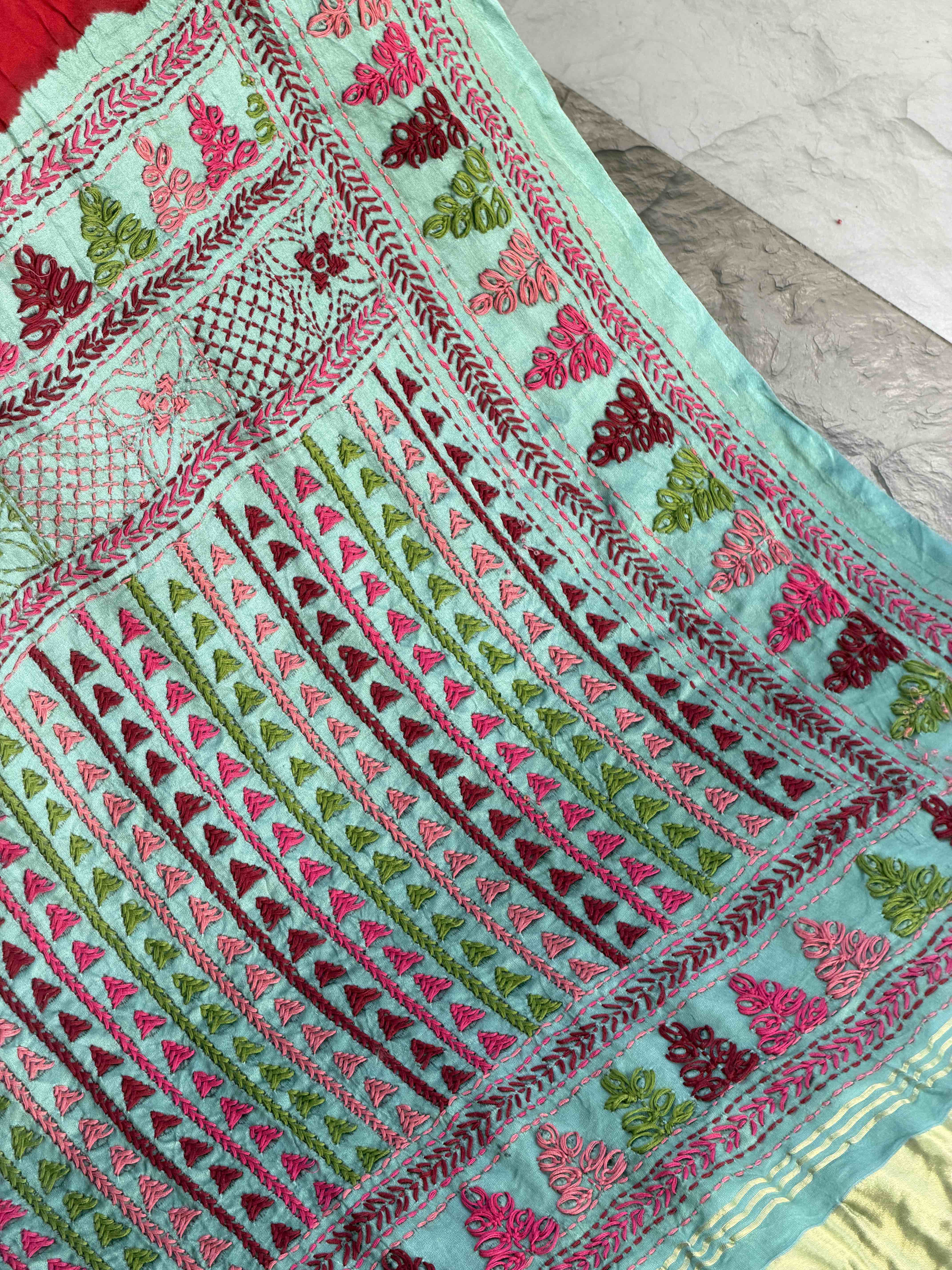 coral Blue & Red kantha Bandhani Saree