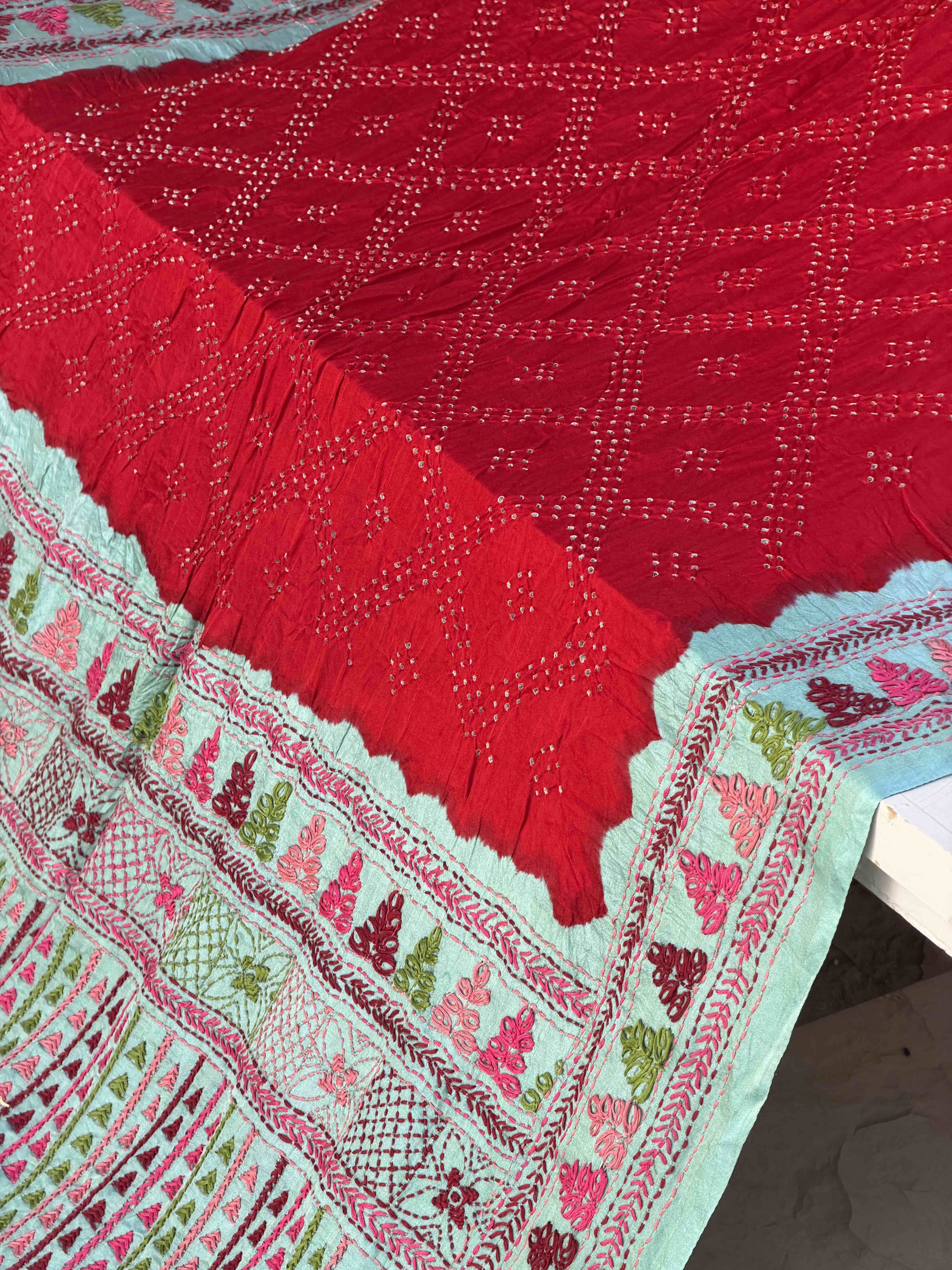 coral Blue & Red kantha Bandhani Saree