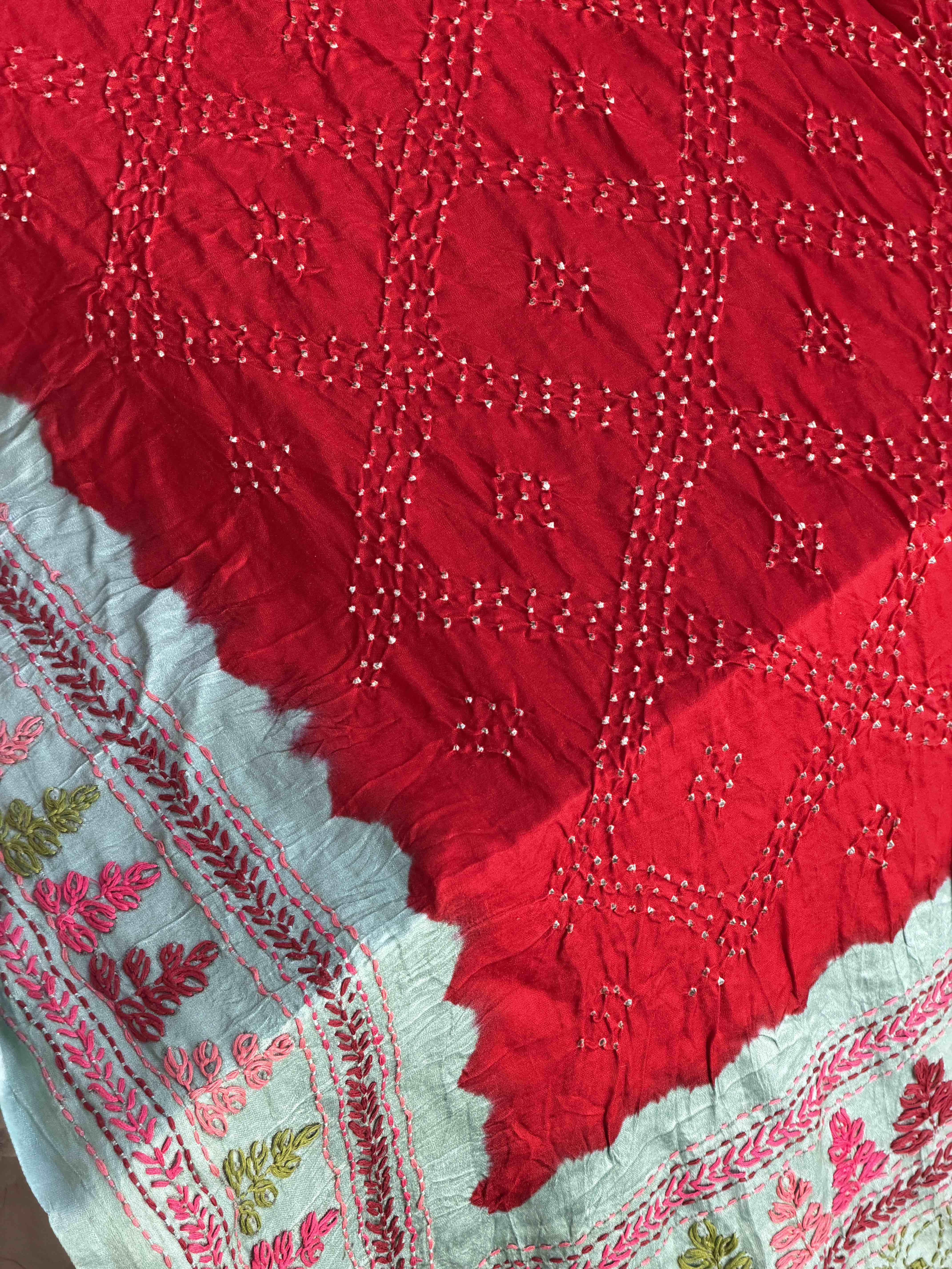 coral Blue & Red kantha Bandhani Saree