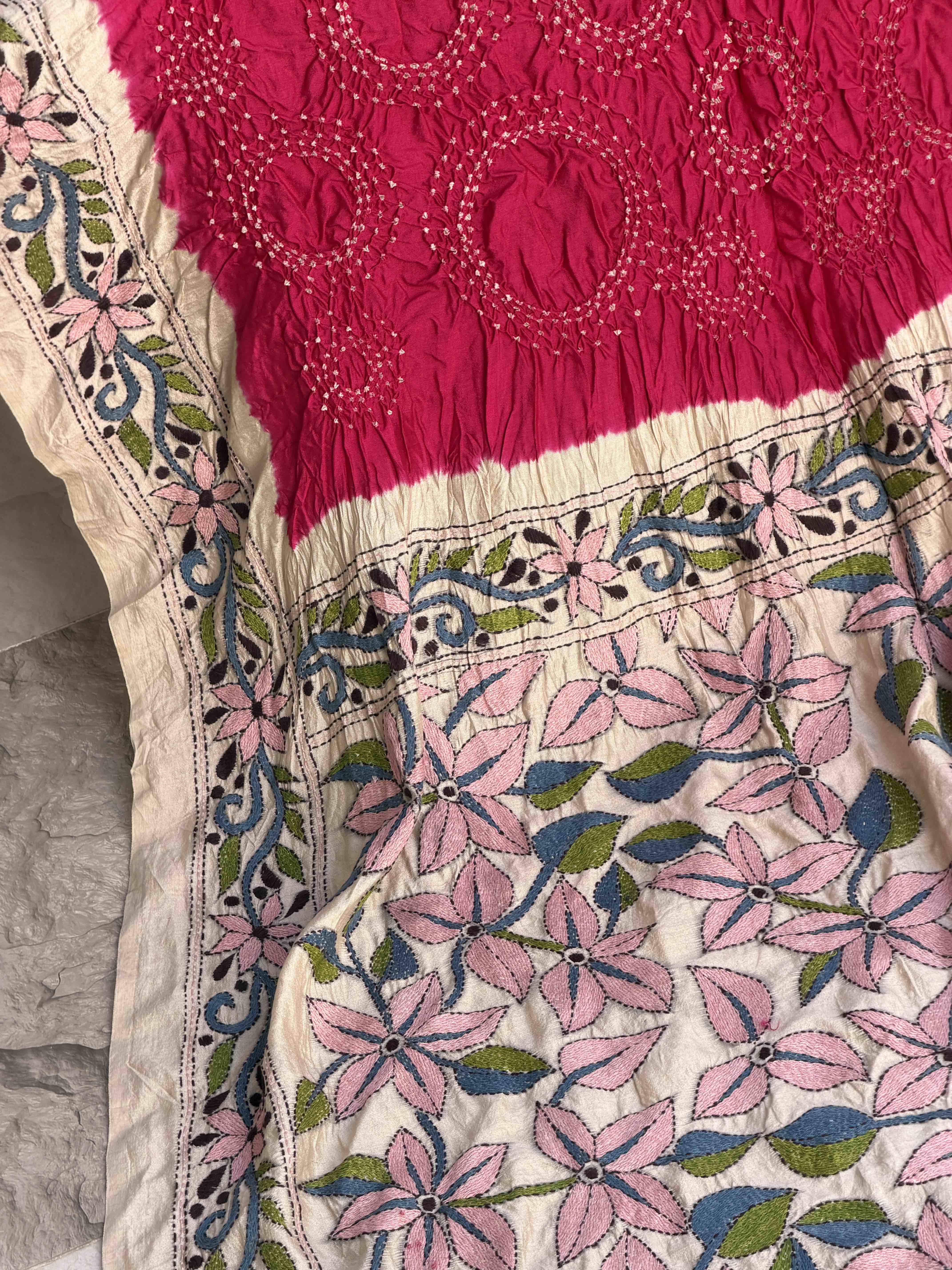 Tasar & Pink Kantha with Bandhani Fusion Saree