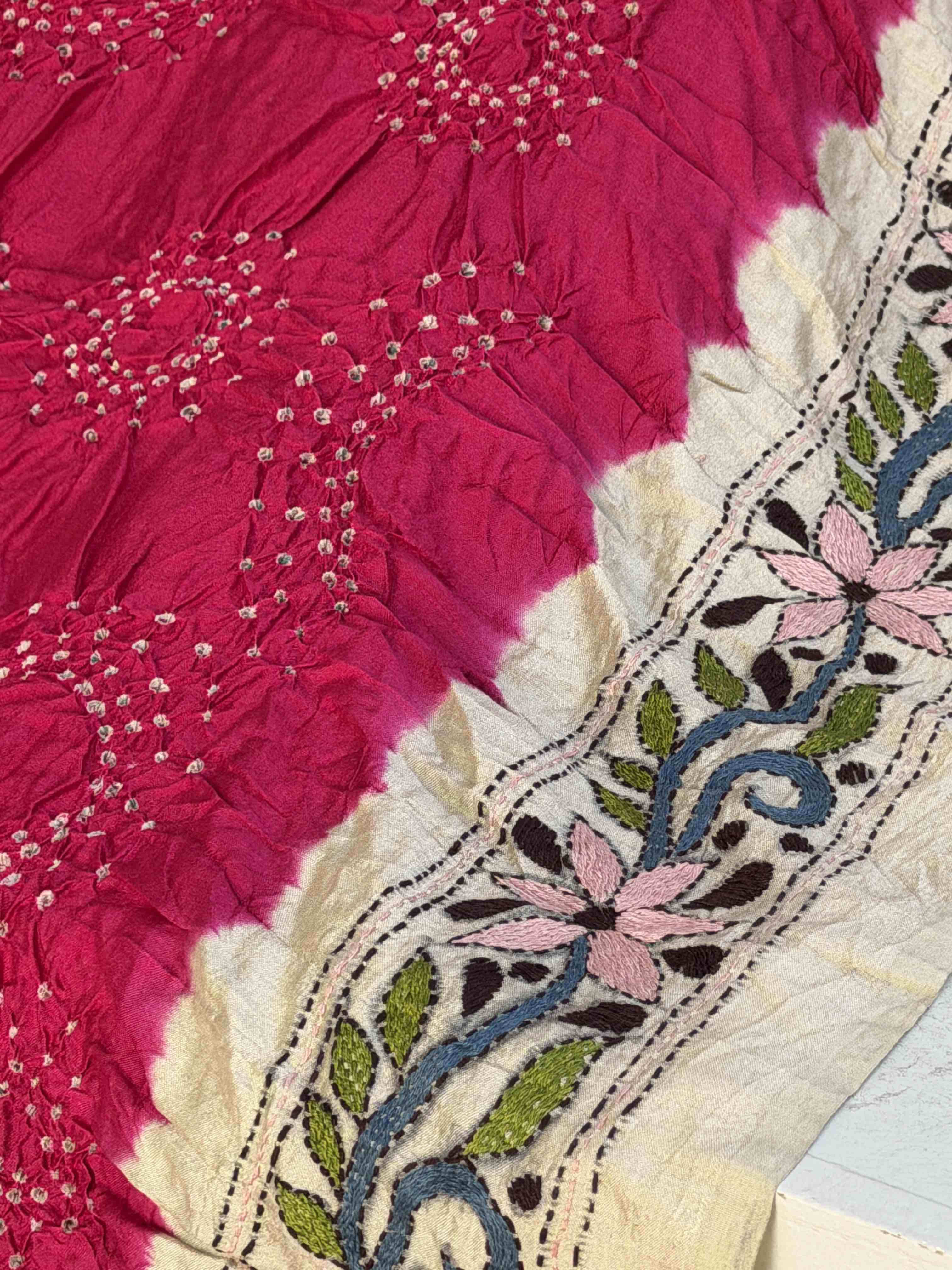 Tasar & Pink Kantha with Bandhani Fusion Saree