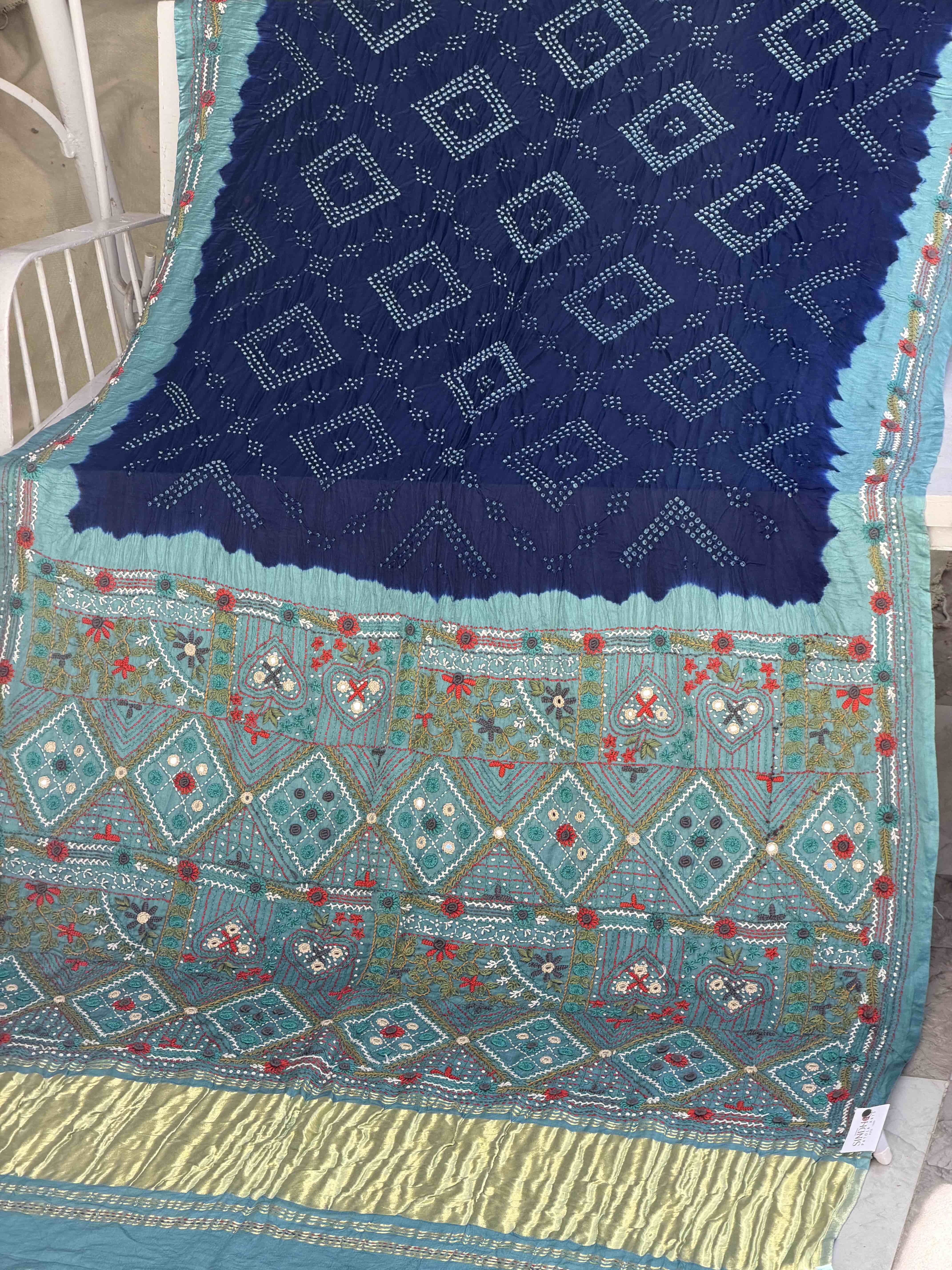 Teal & Dark Blue Kantha with Bandhani Fusion Saree