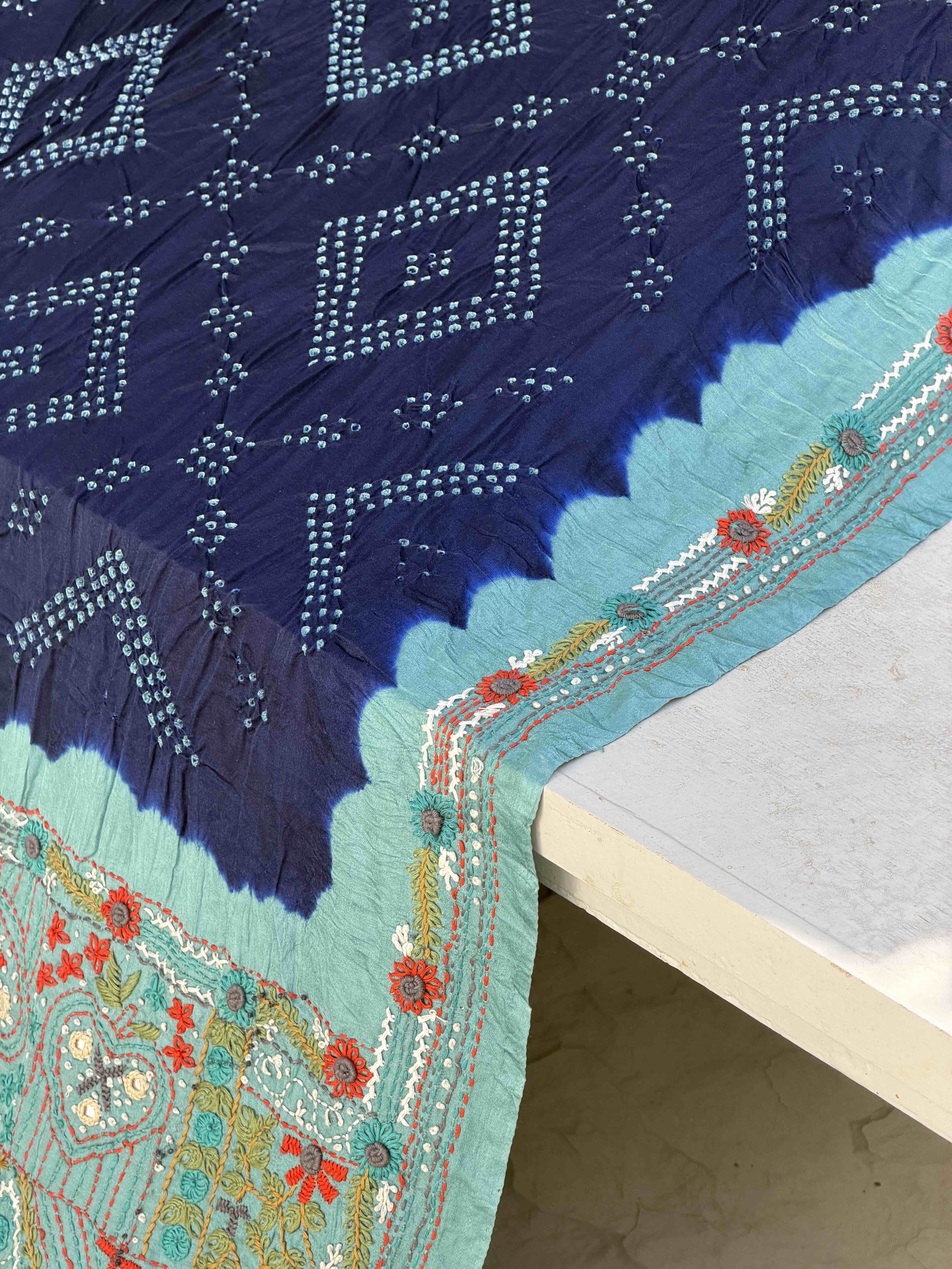 Teal & Dark Blue Kantha with Bandhani Fusion Saree