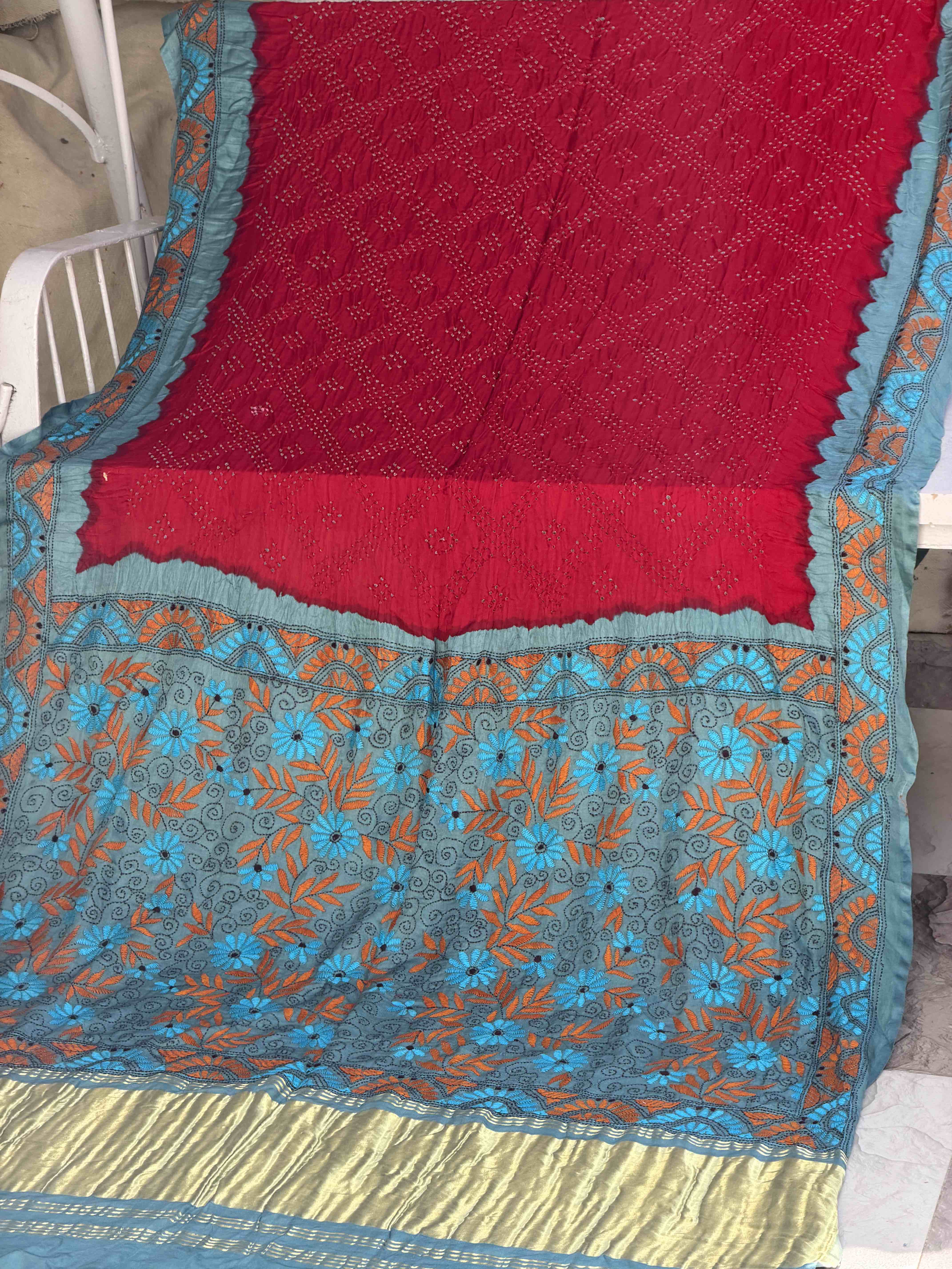 Cyan & Red Kantha with Bandhani Fusion Saree