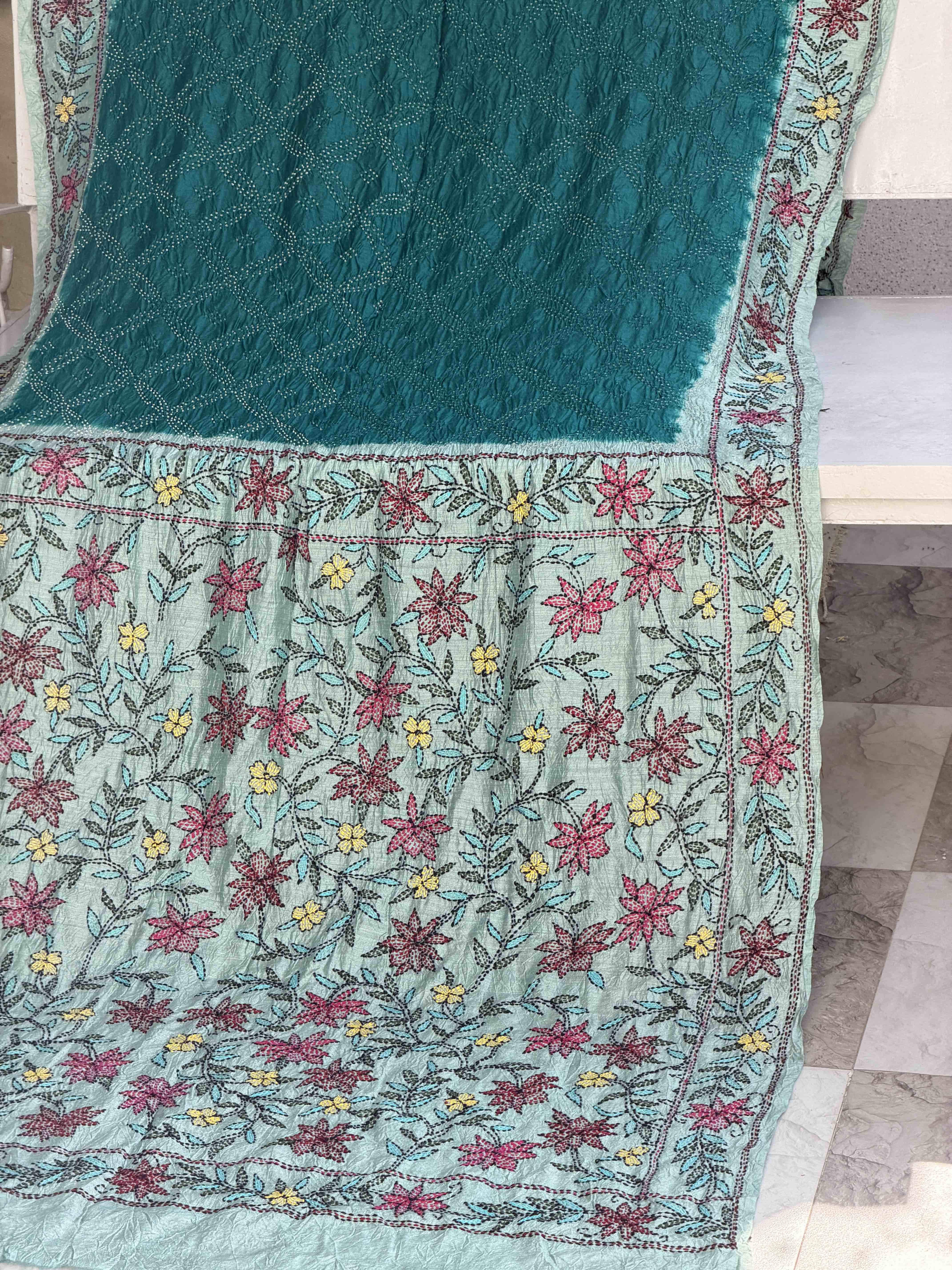 Cyan & Rama blue Kantha with Bandhani Fusion Saree