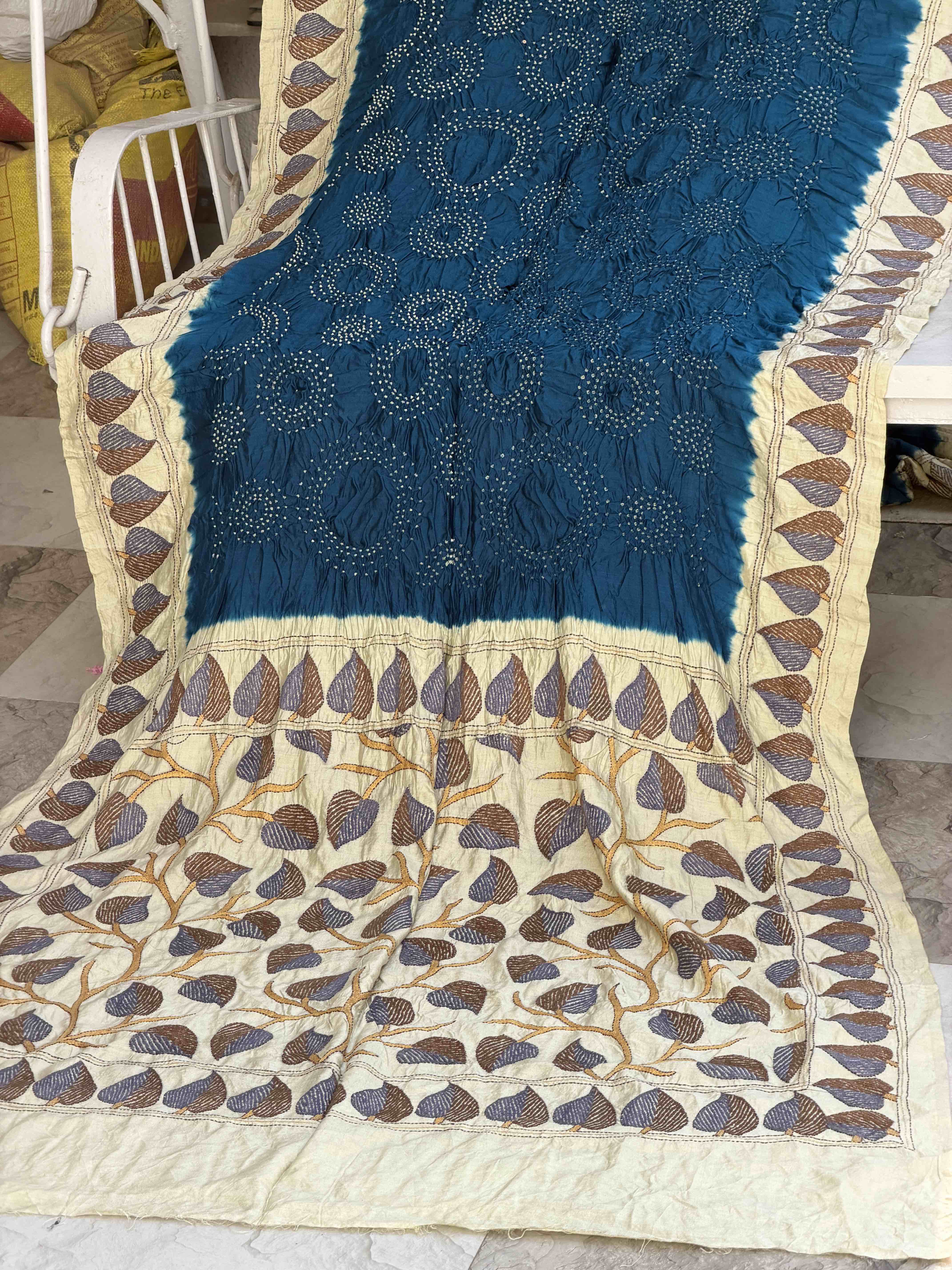 Chiku & Blue Kantha with Bandhani Fusion Saree