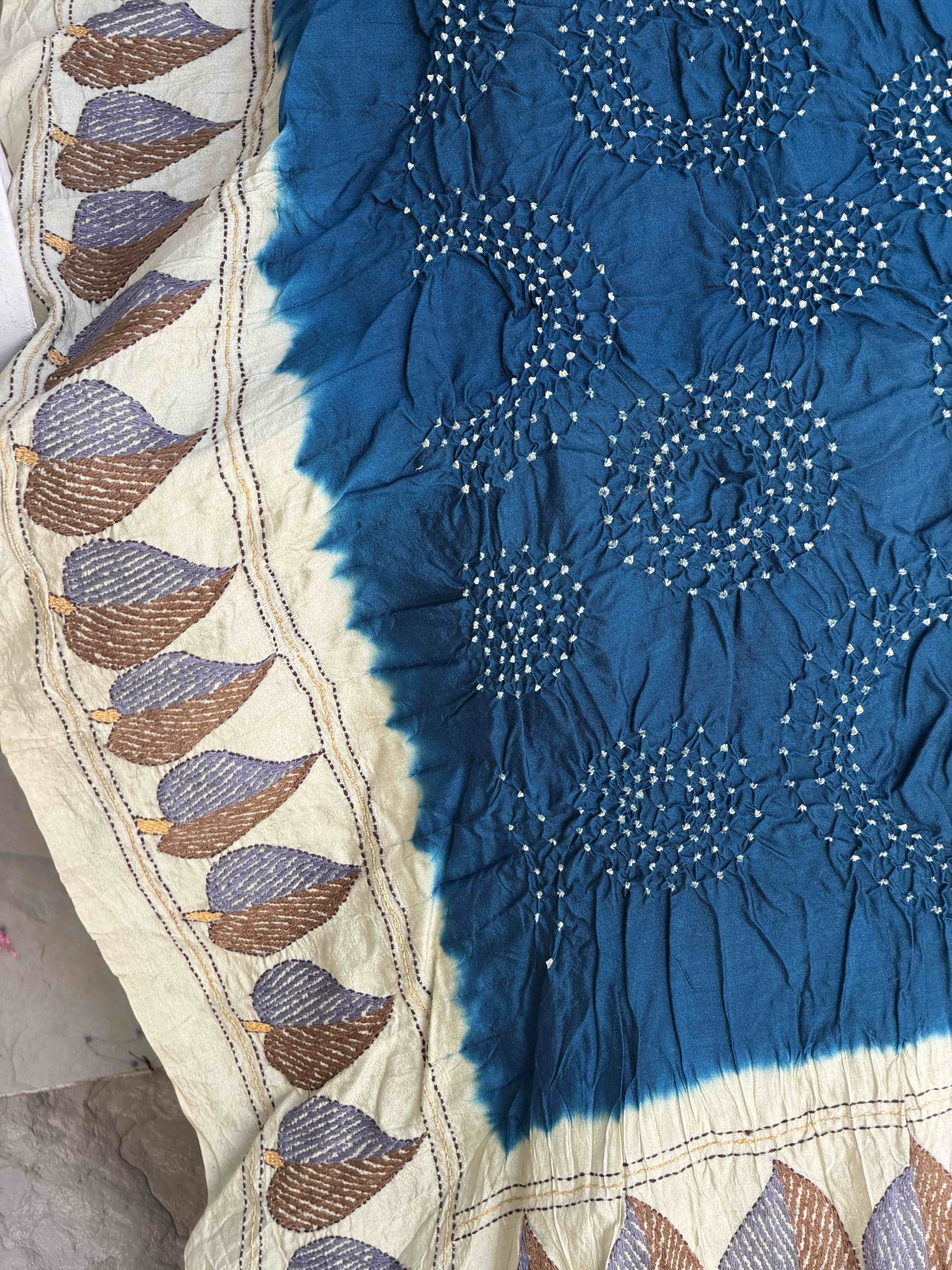 Chiku & Blue Kantha with Bandhani Fusion Saree