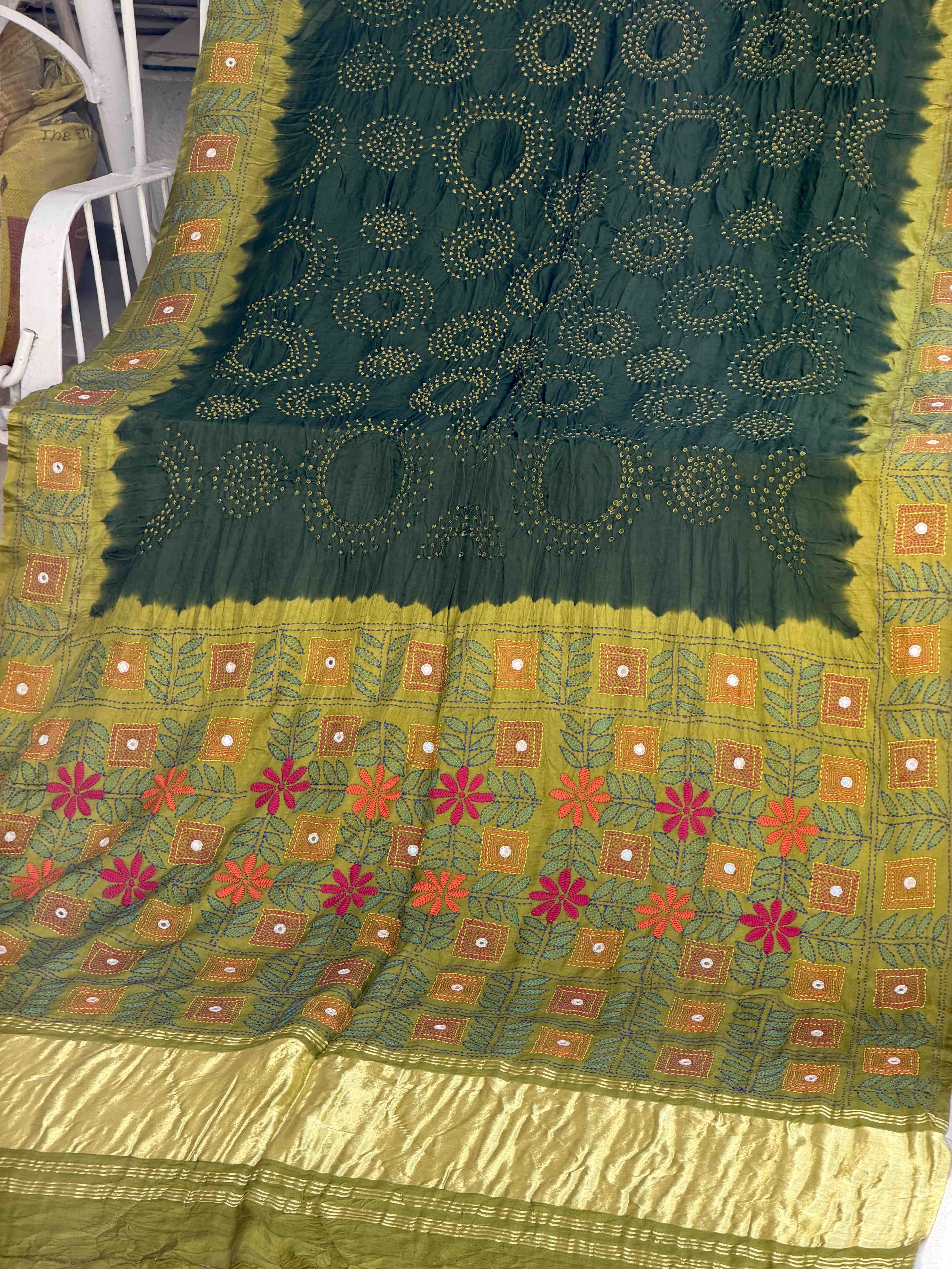 Parrot & Green Kantha Bandhani Saree
