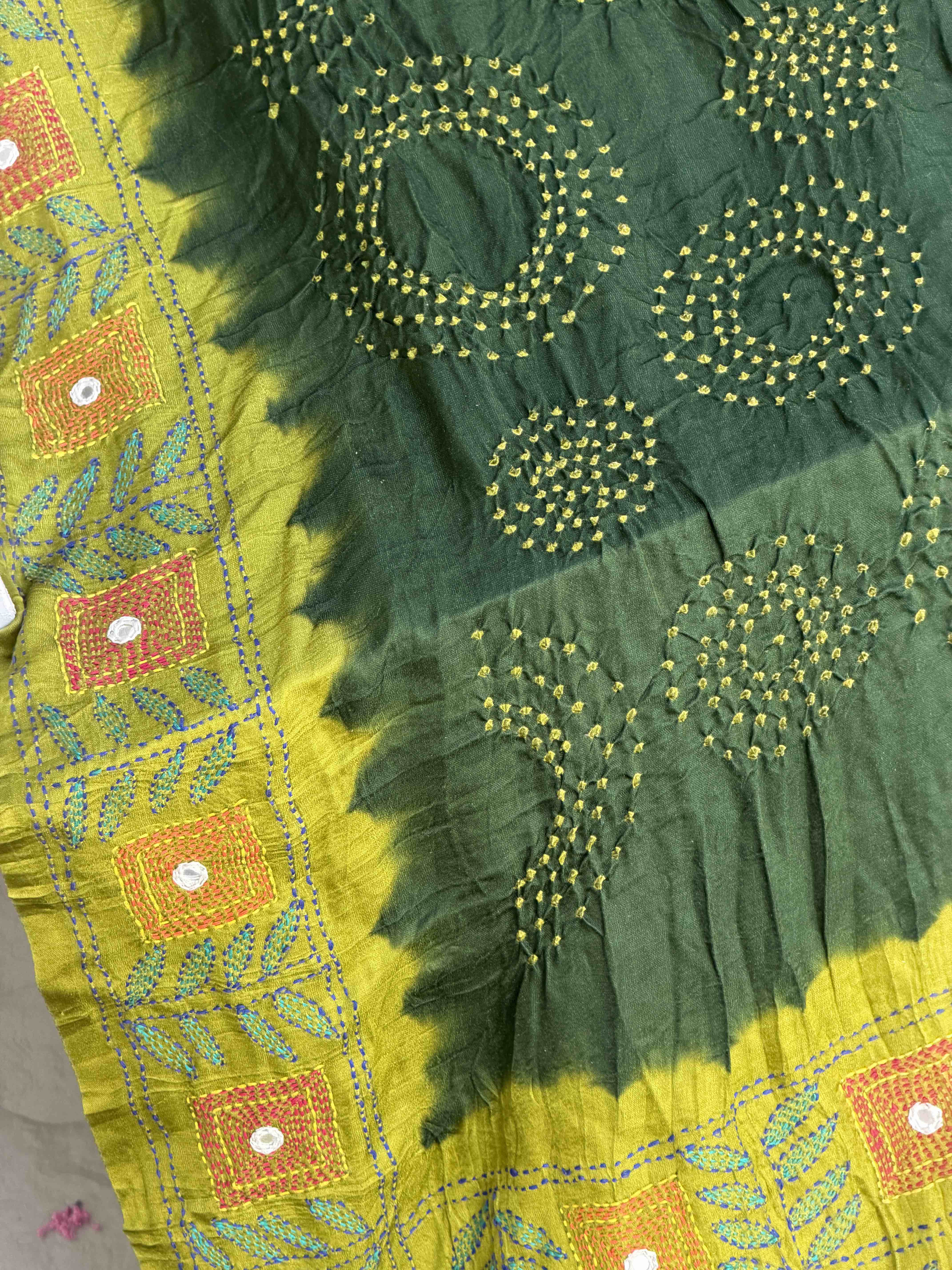 Parrot & Green Kantha Bandhani Saree
