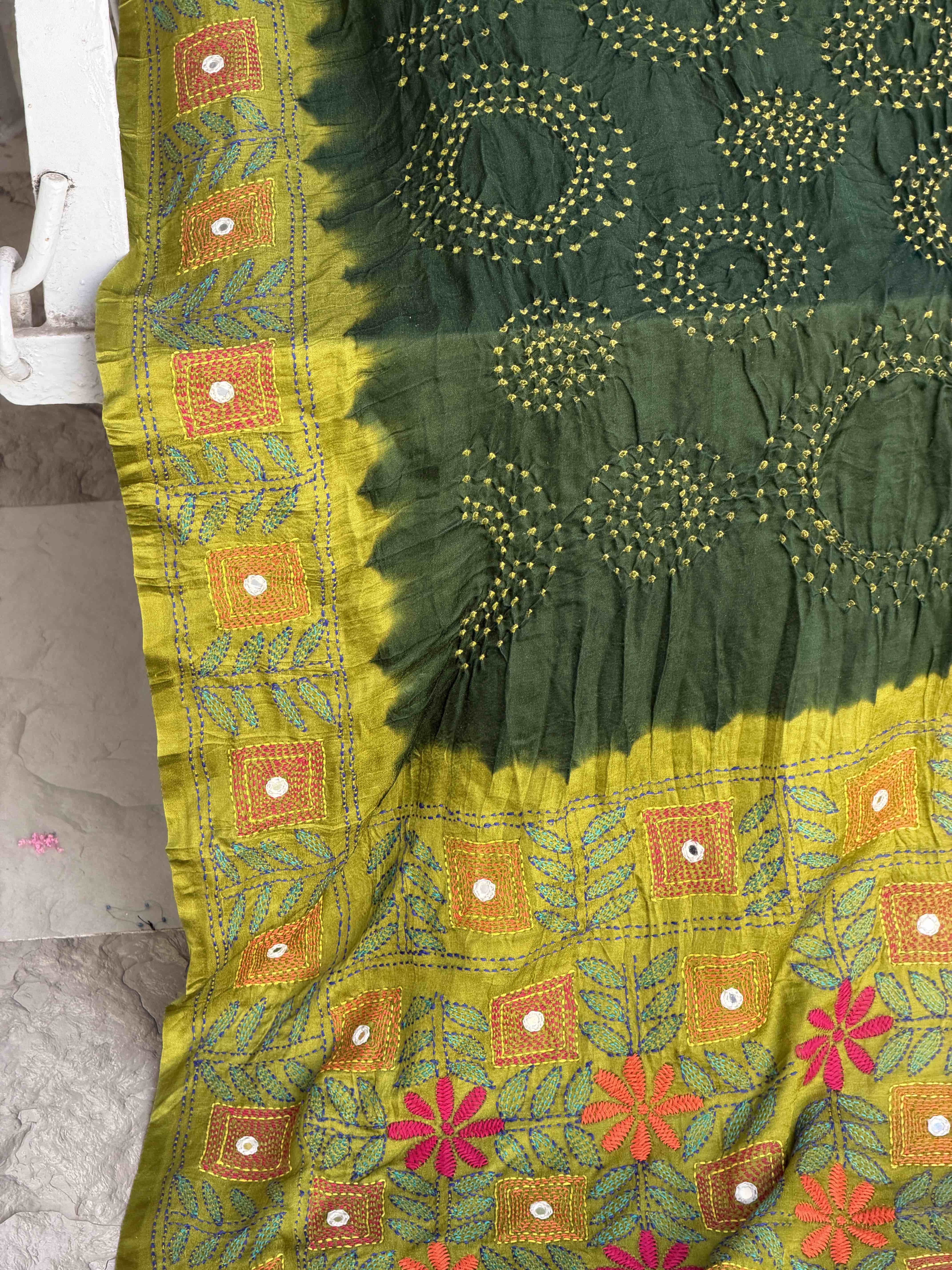 Parrot & Green Kantha Bandhani Saree