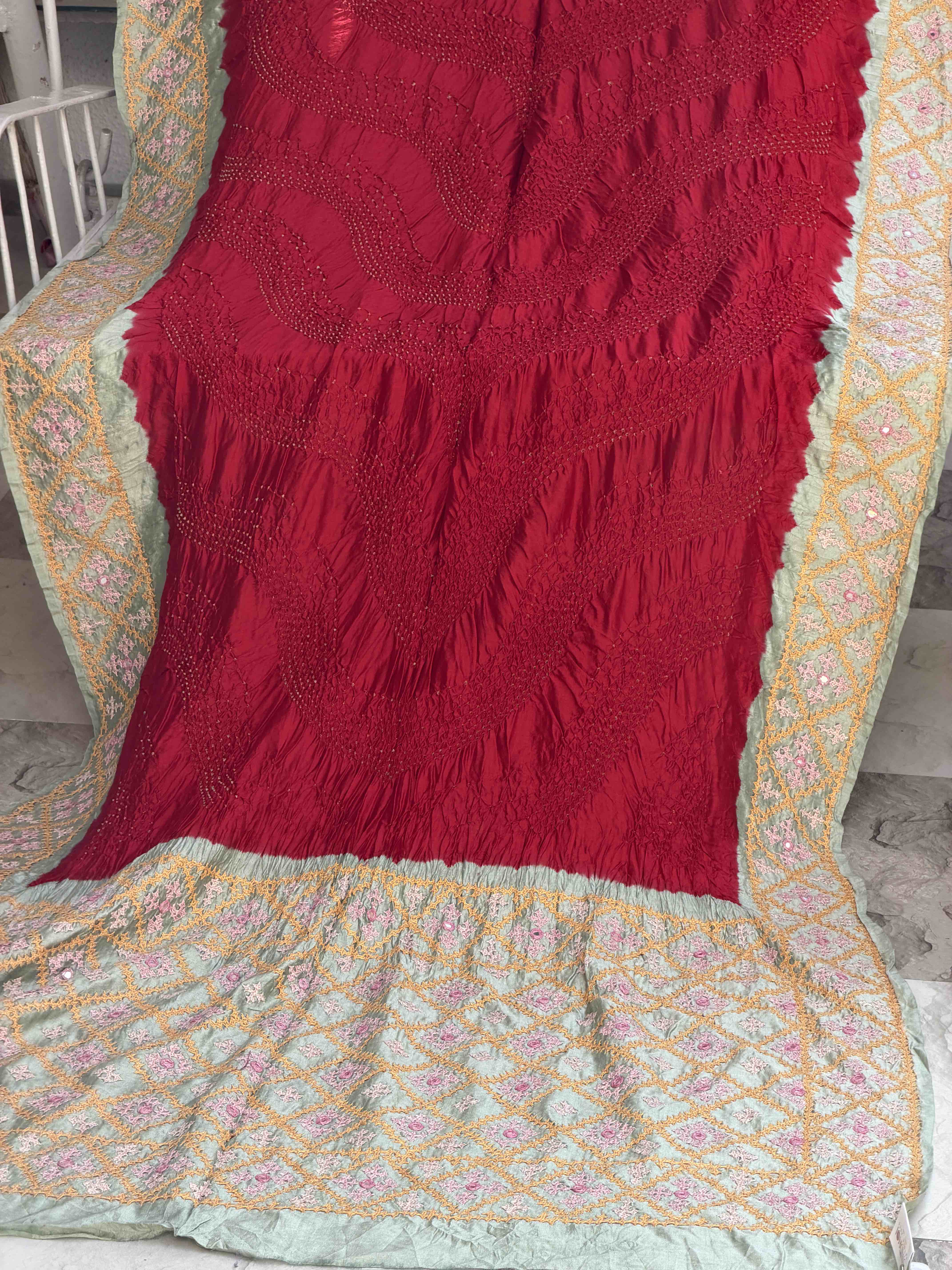 Pista & Red Kantha with Bandhani Fusion Saree