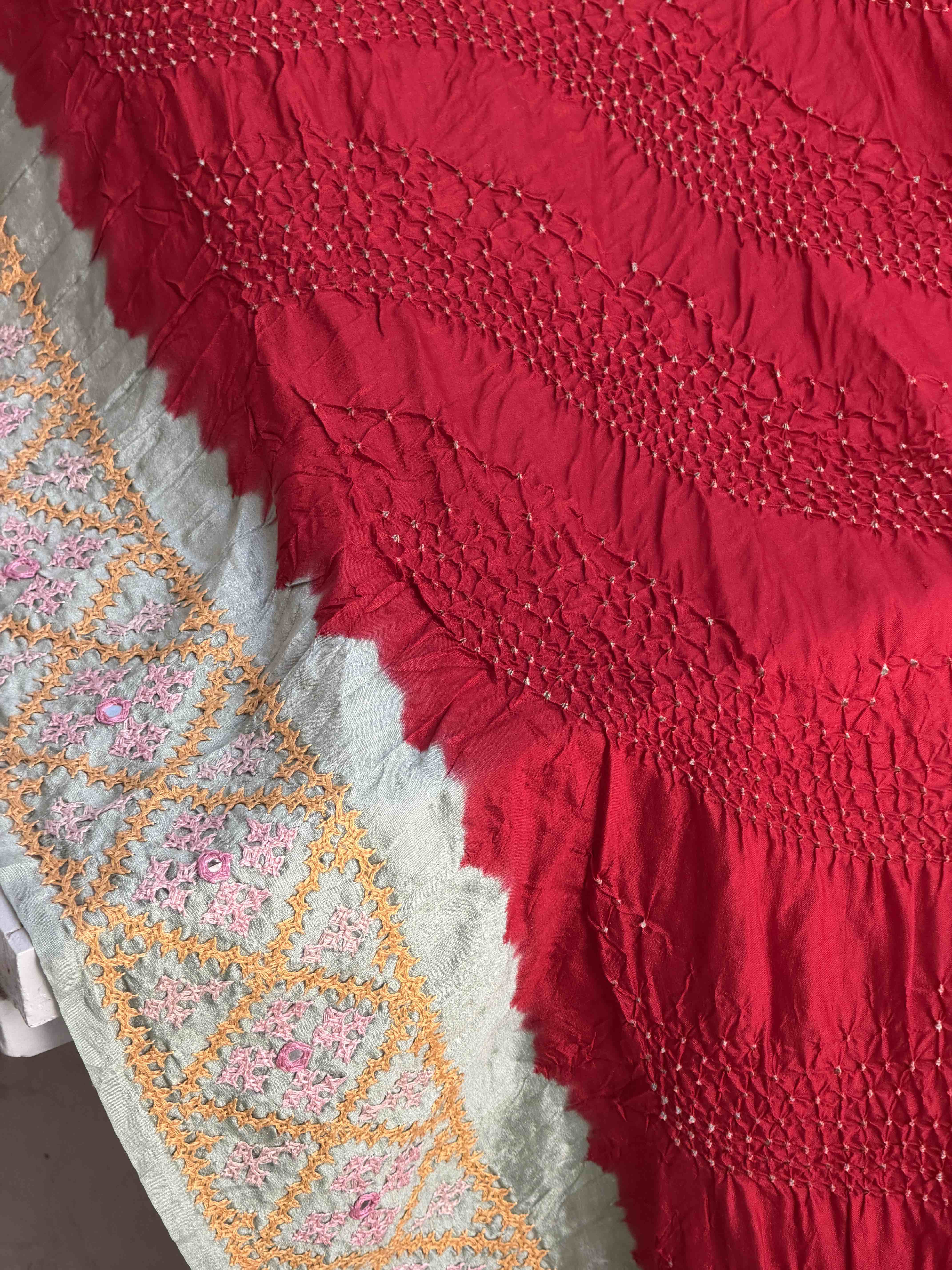 Pista & Red Kantha with Bandhani Fusion Saree