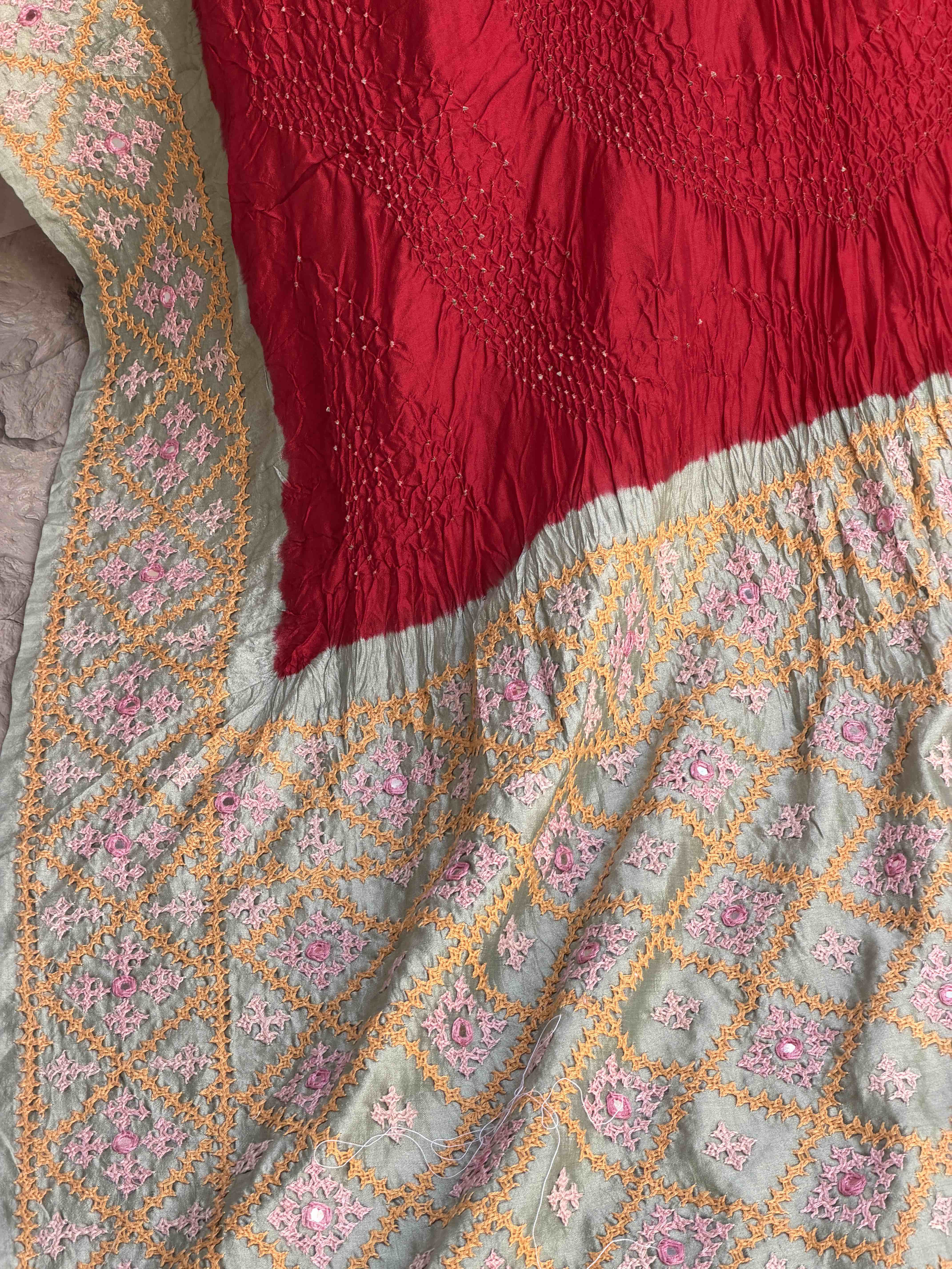 Pista & Red Kantha with Bandhani Fusion Saree