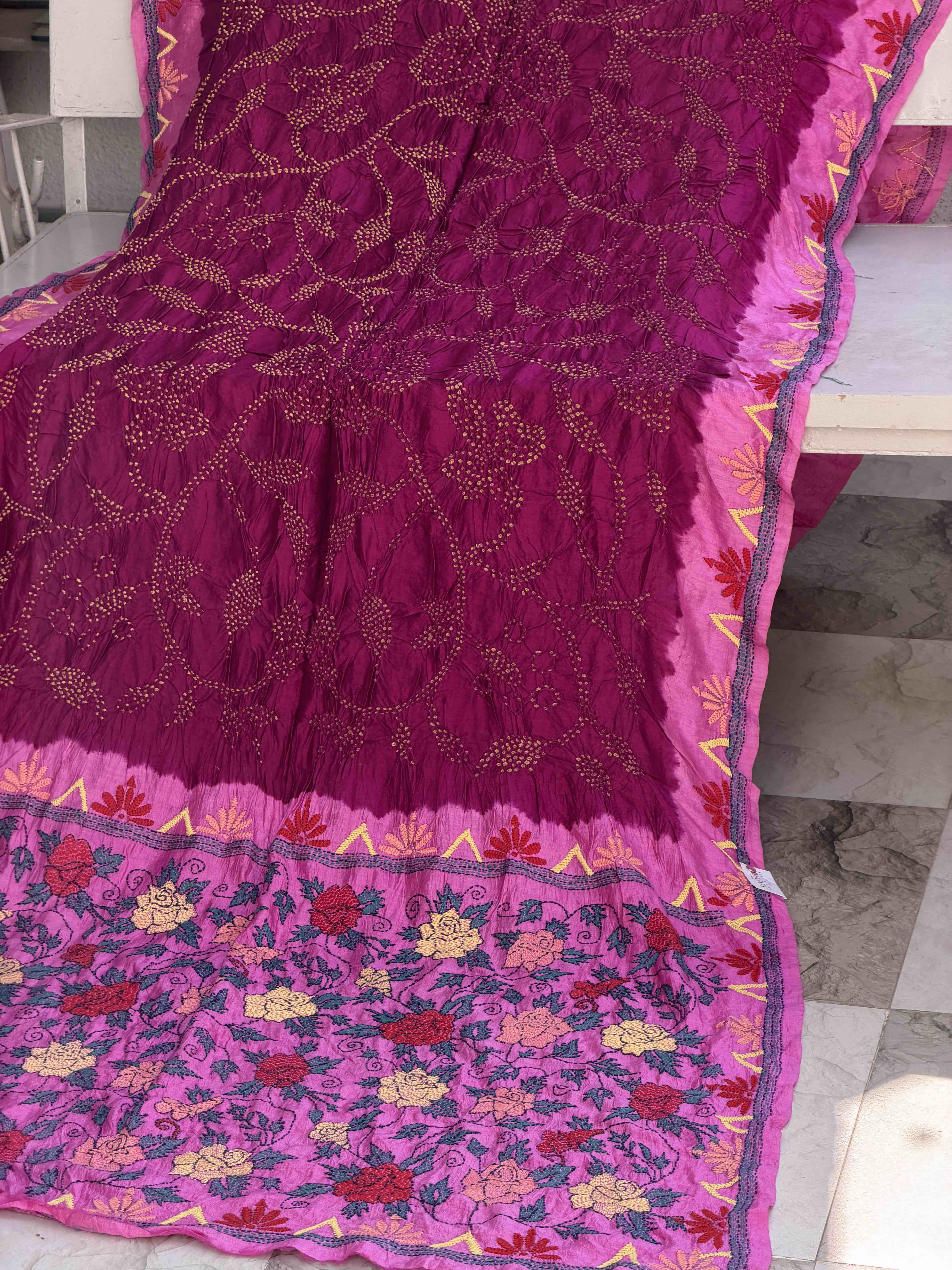 Pink & Magenta Kantha with Bandhani Fusion Saree