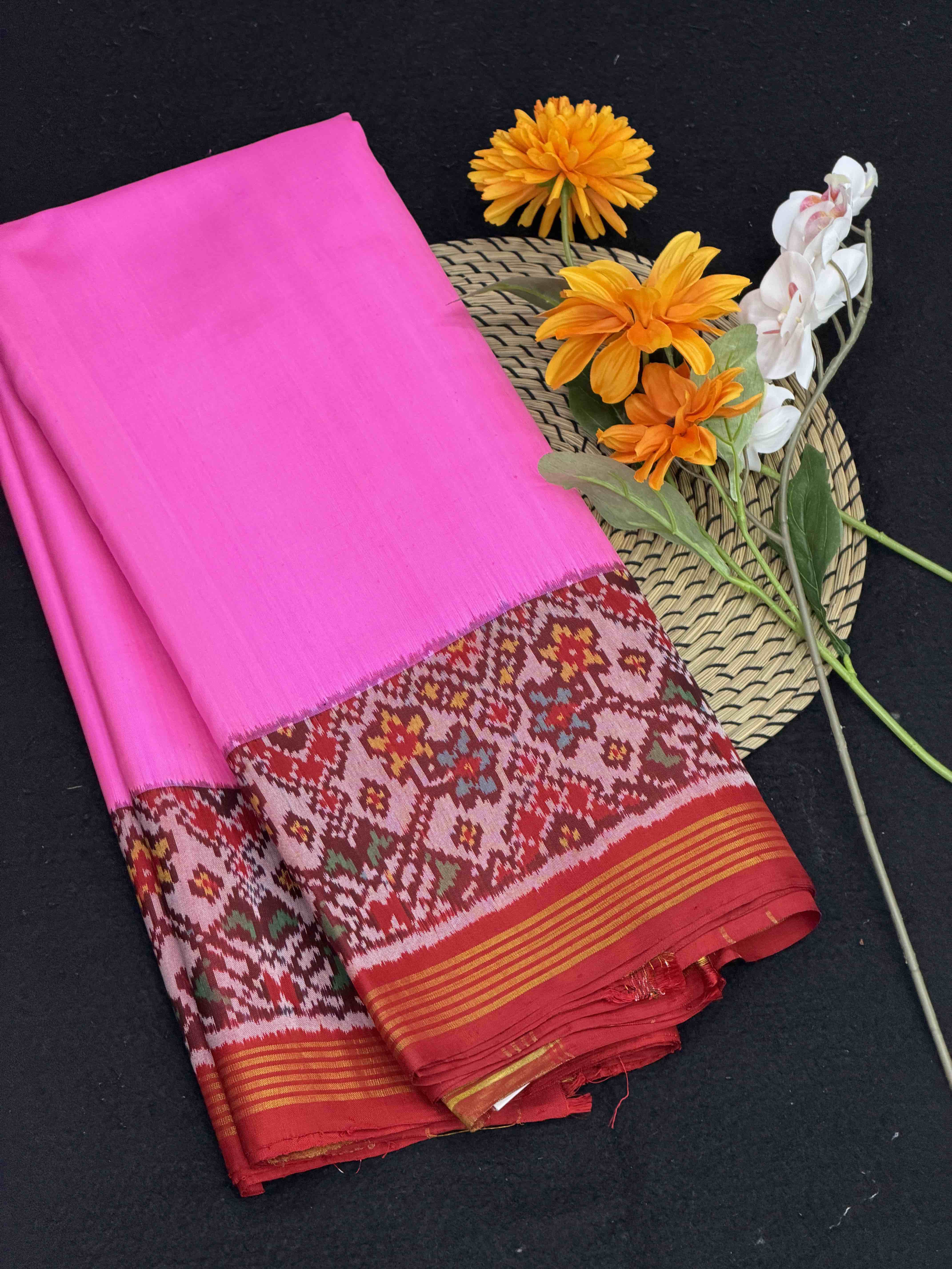 Red & Light pink Plain Patola Saree