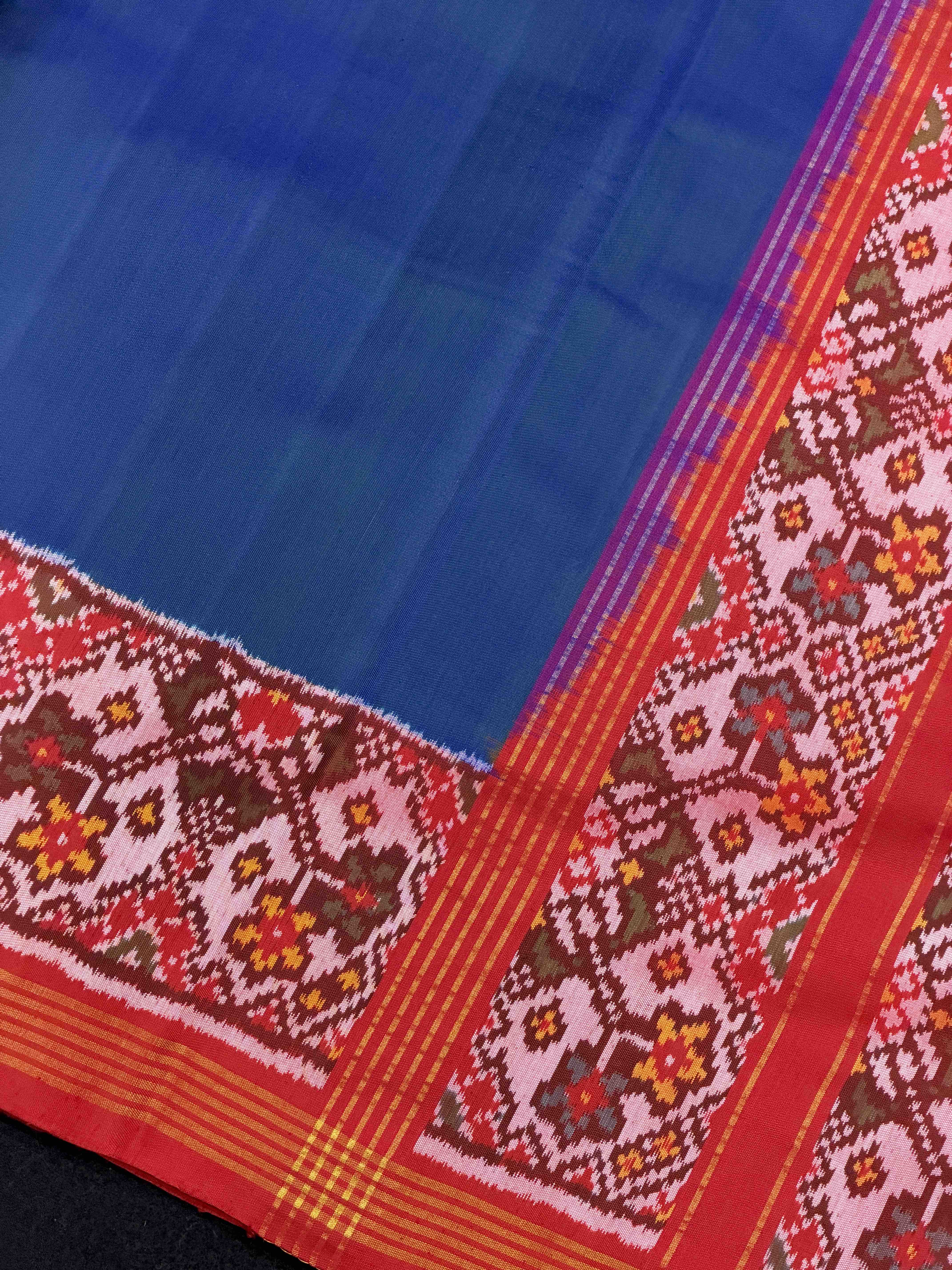 Red & Cobalt blue shaded Plain Patola Saree