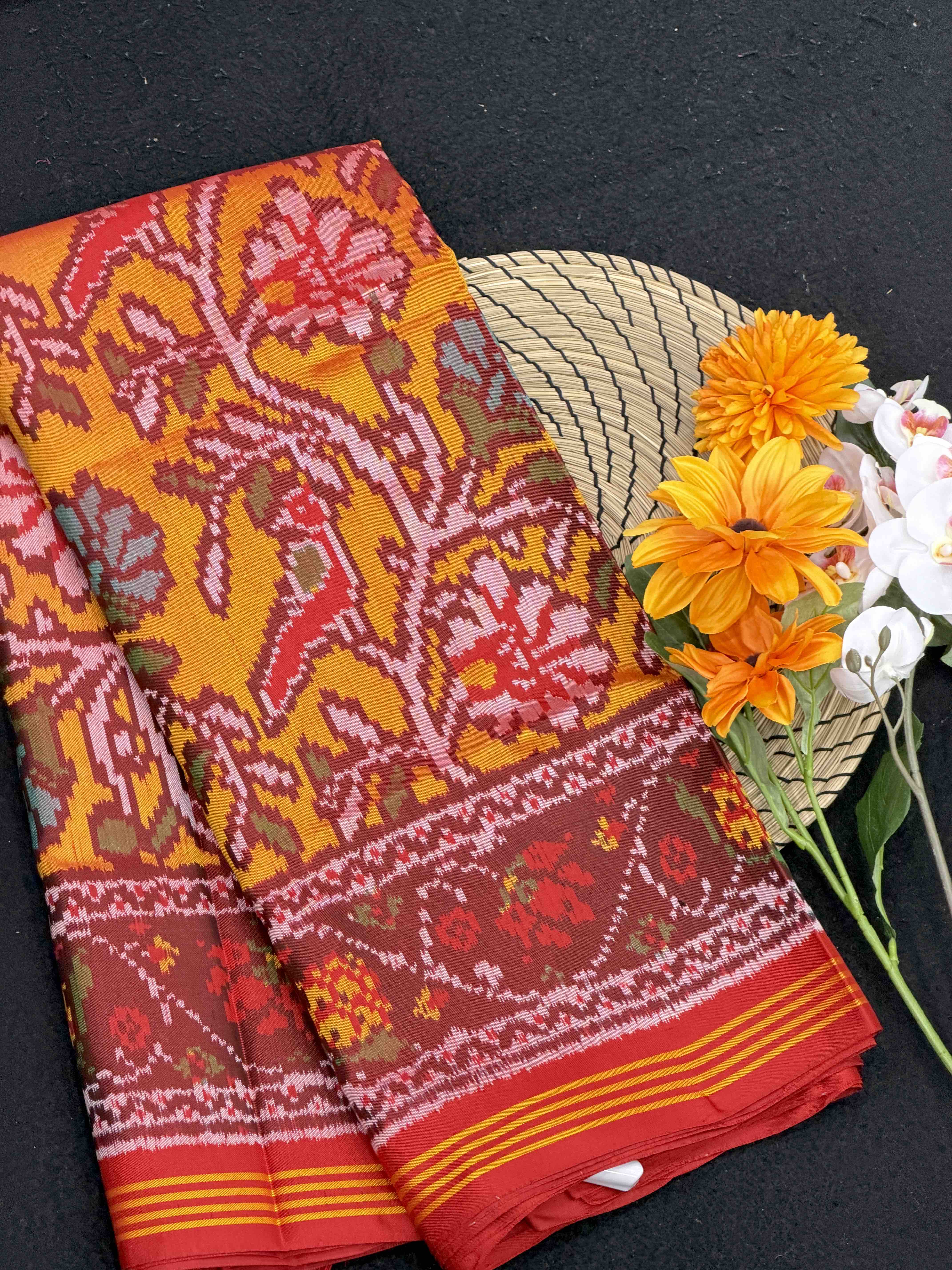 Maroon & Musterd Creeper Design Patola Saree