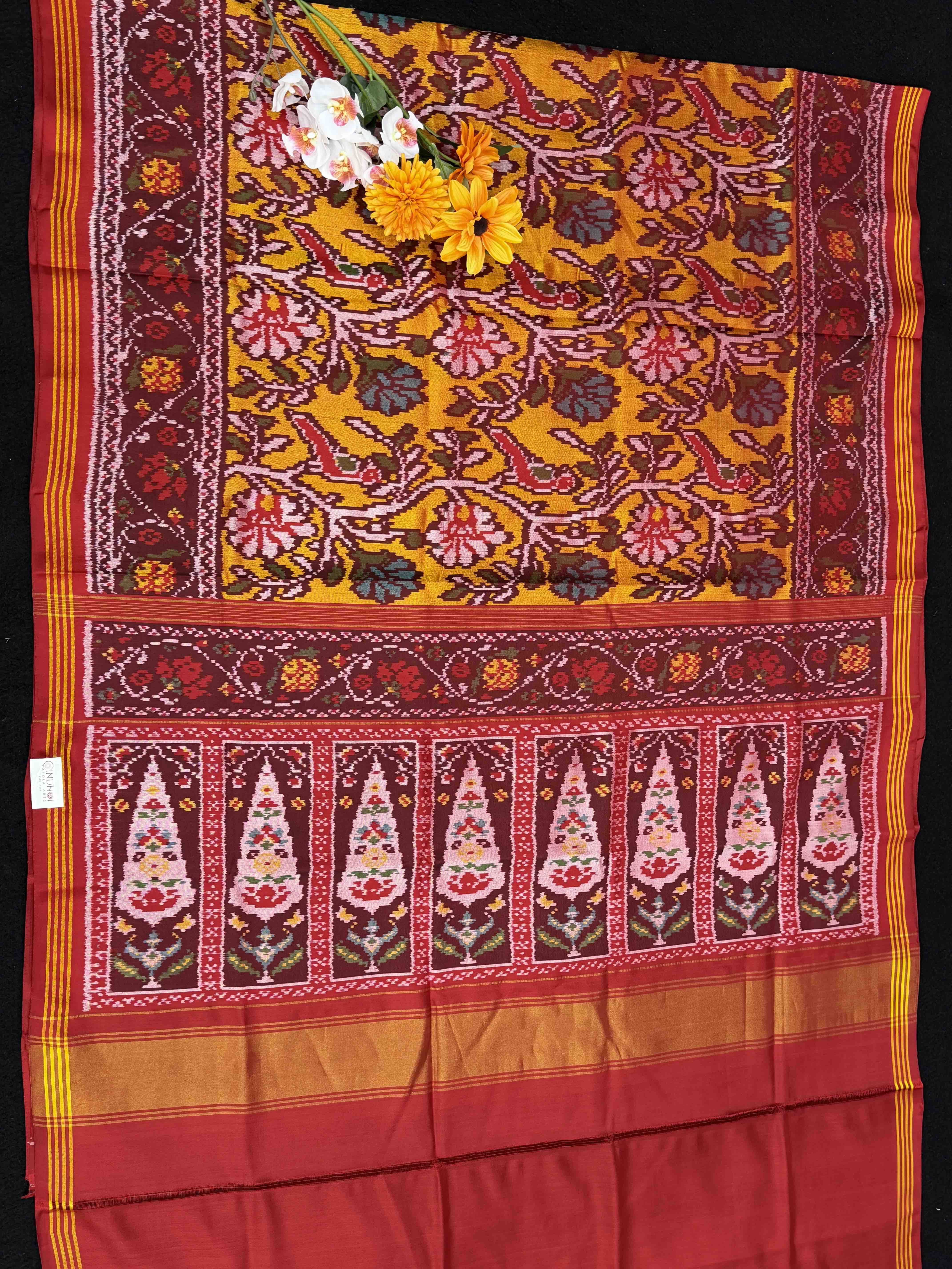 Maroon & Musterd Creeper Design Patola Saree