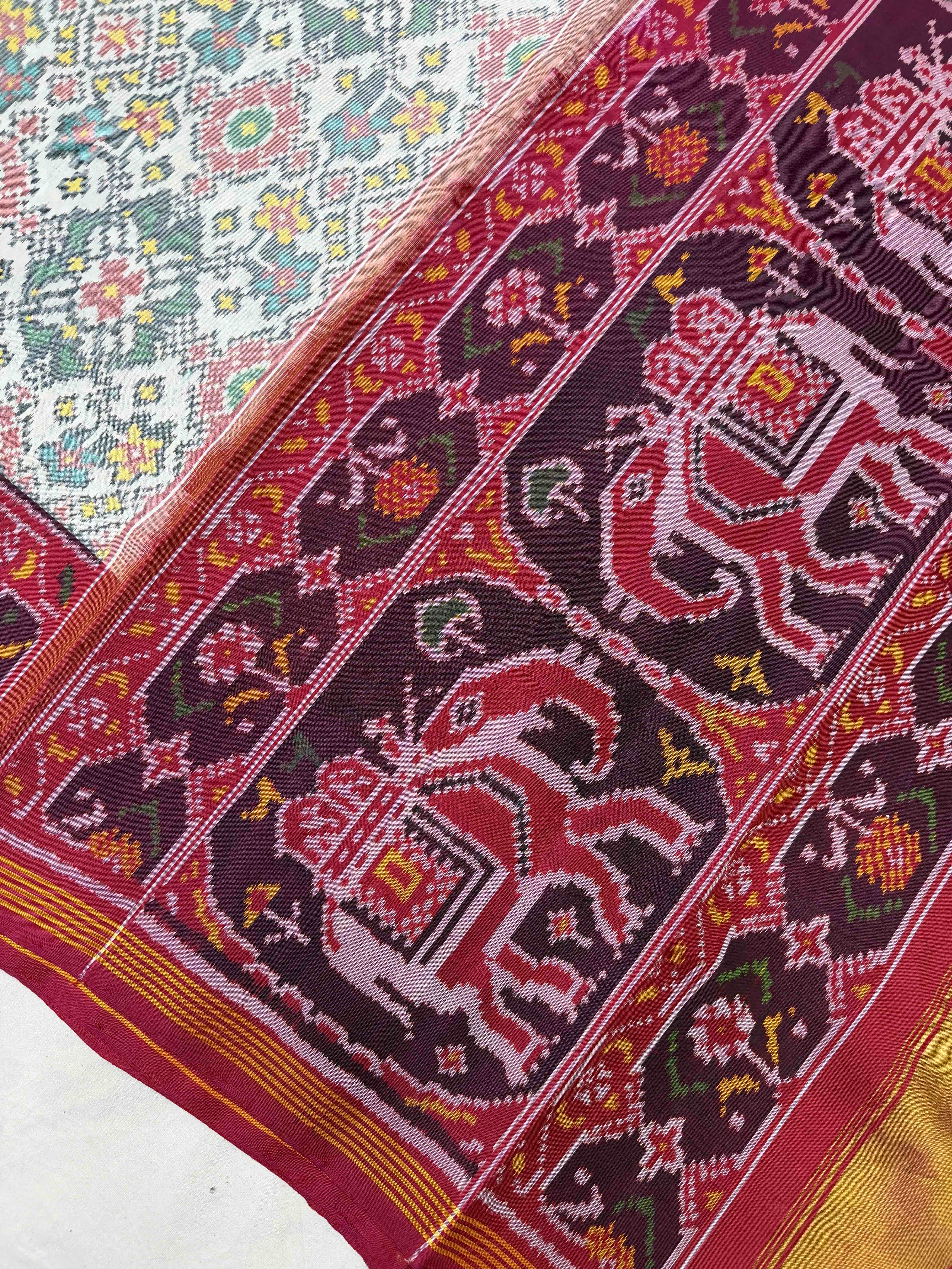 Pink & white elephant pallu navaratan Patola Saree