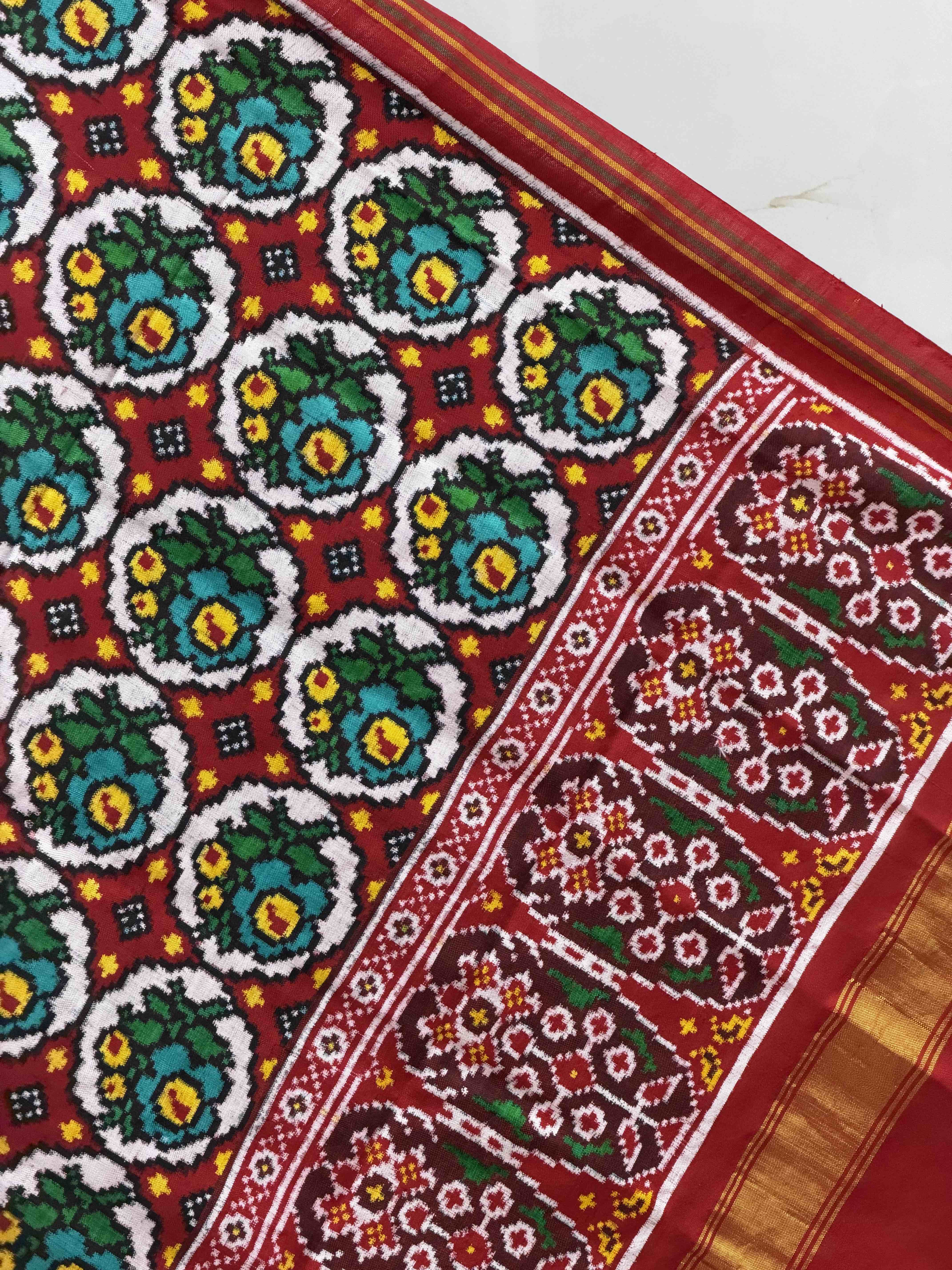 Red & white flowers design Double ikat Dupatta