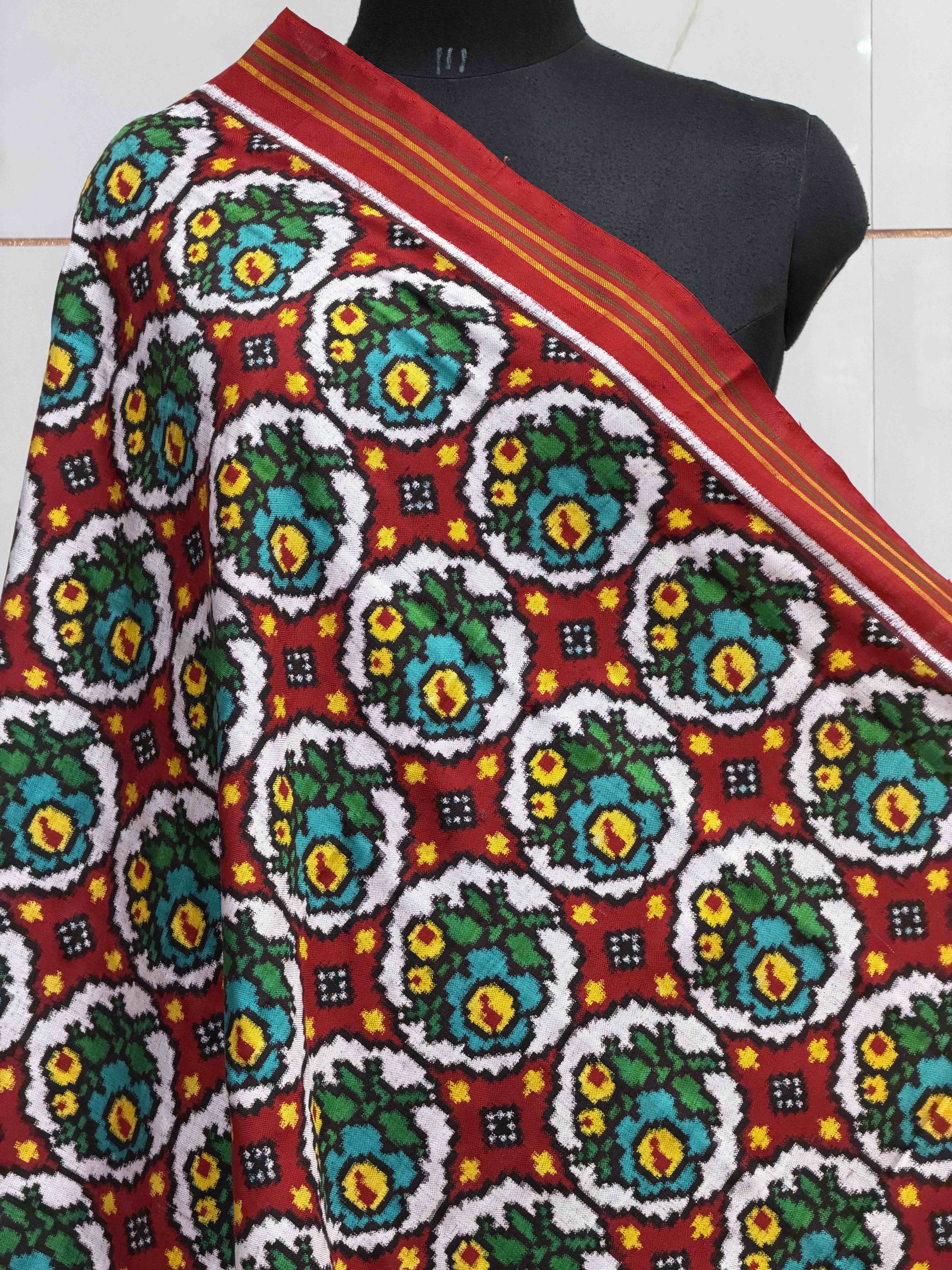Red & white flowers design Double ikat Dupatta