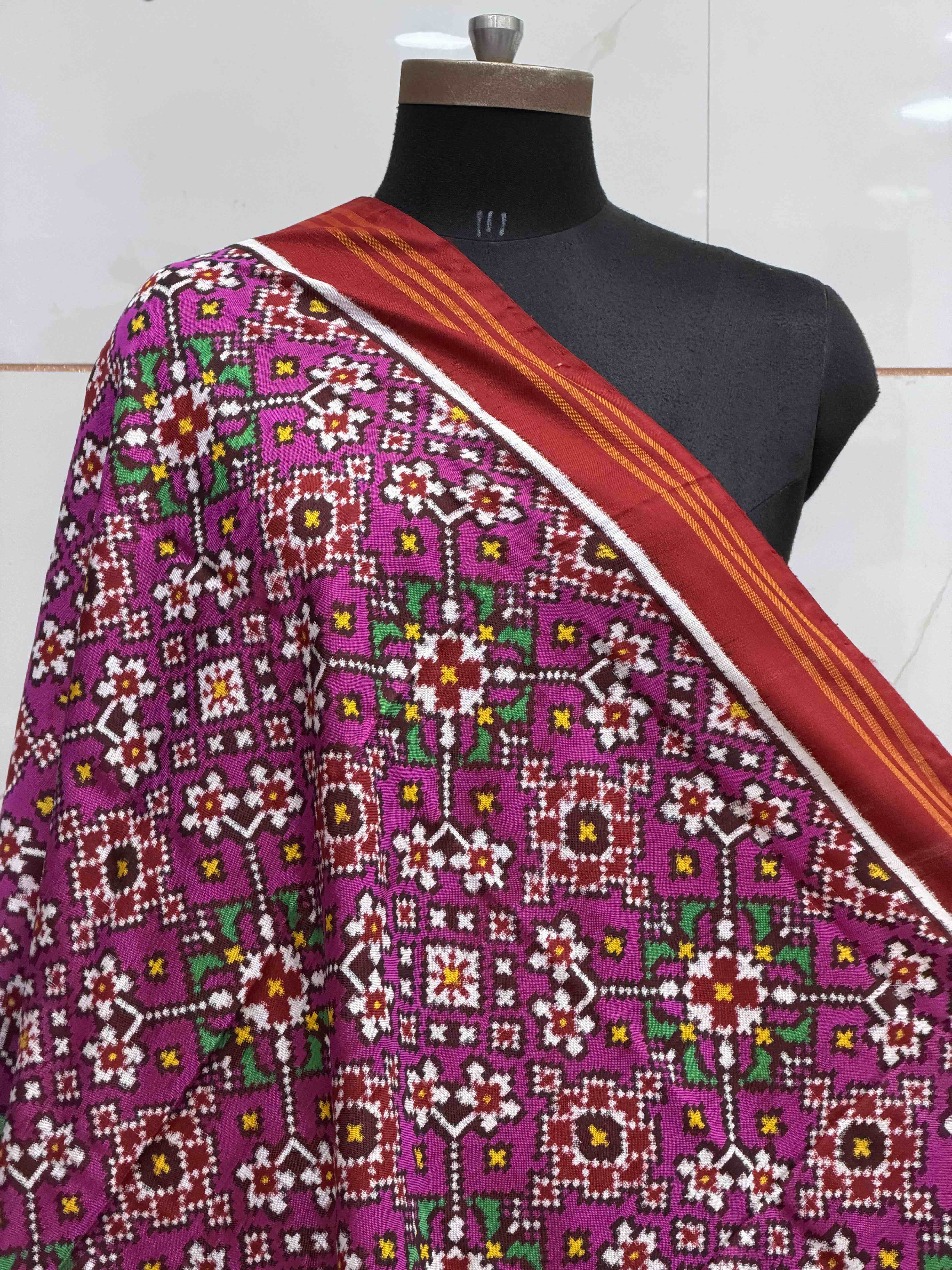 Red & magenta pink navaratan double ikat dupatta