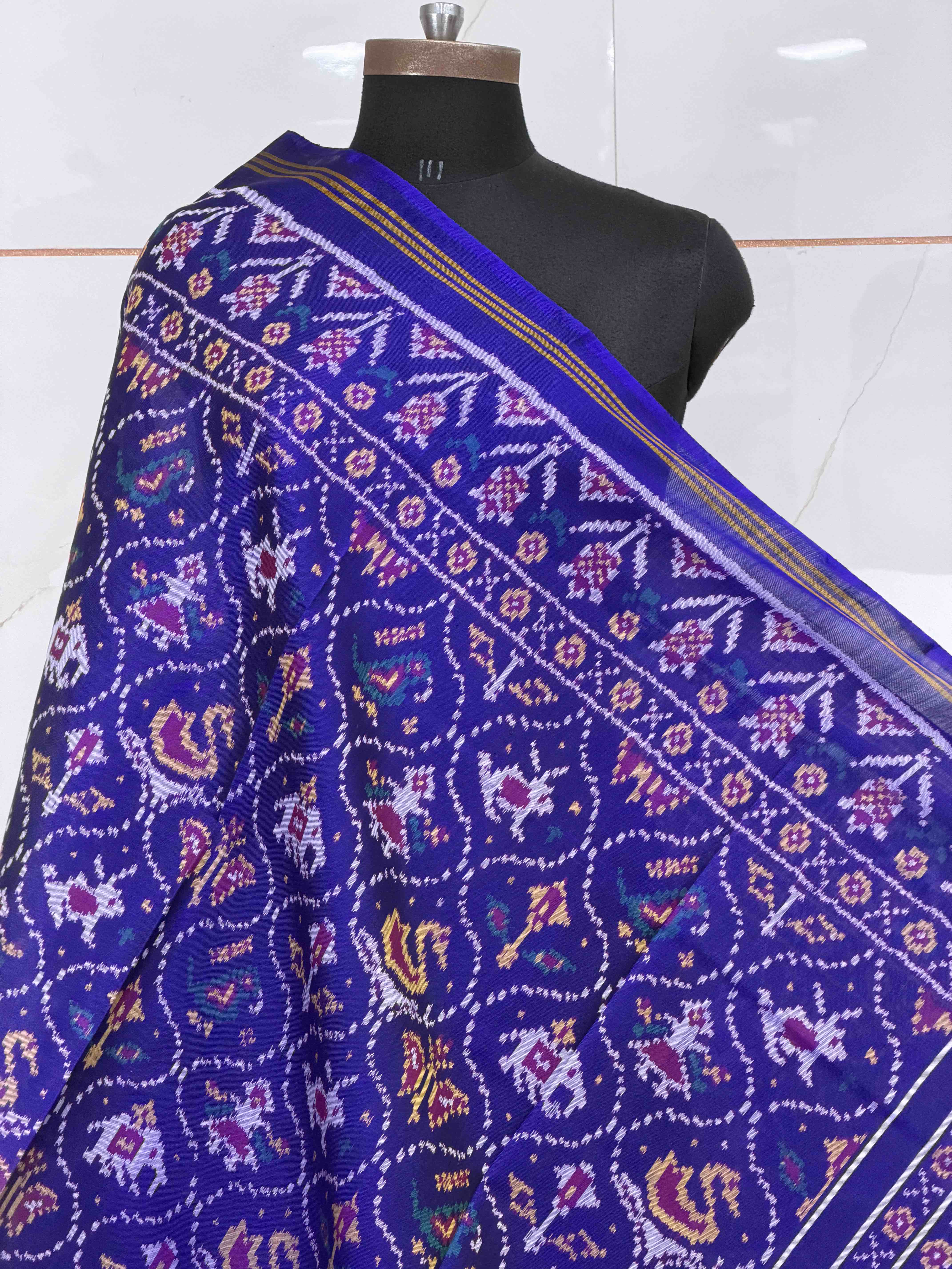 Blue Narikunj motif single Ikat Patola dupatta