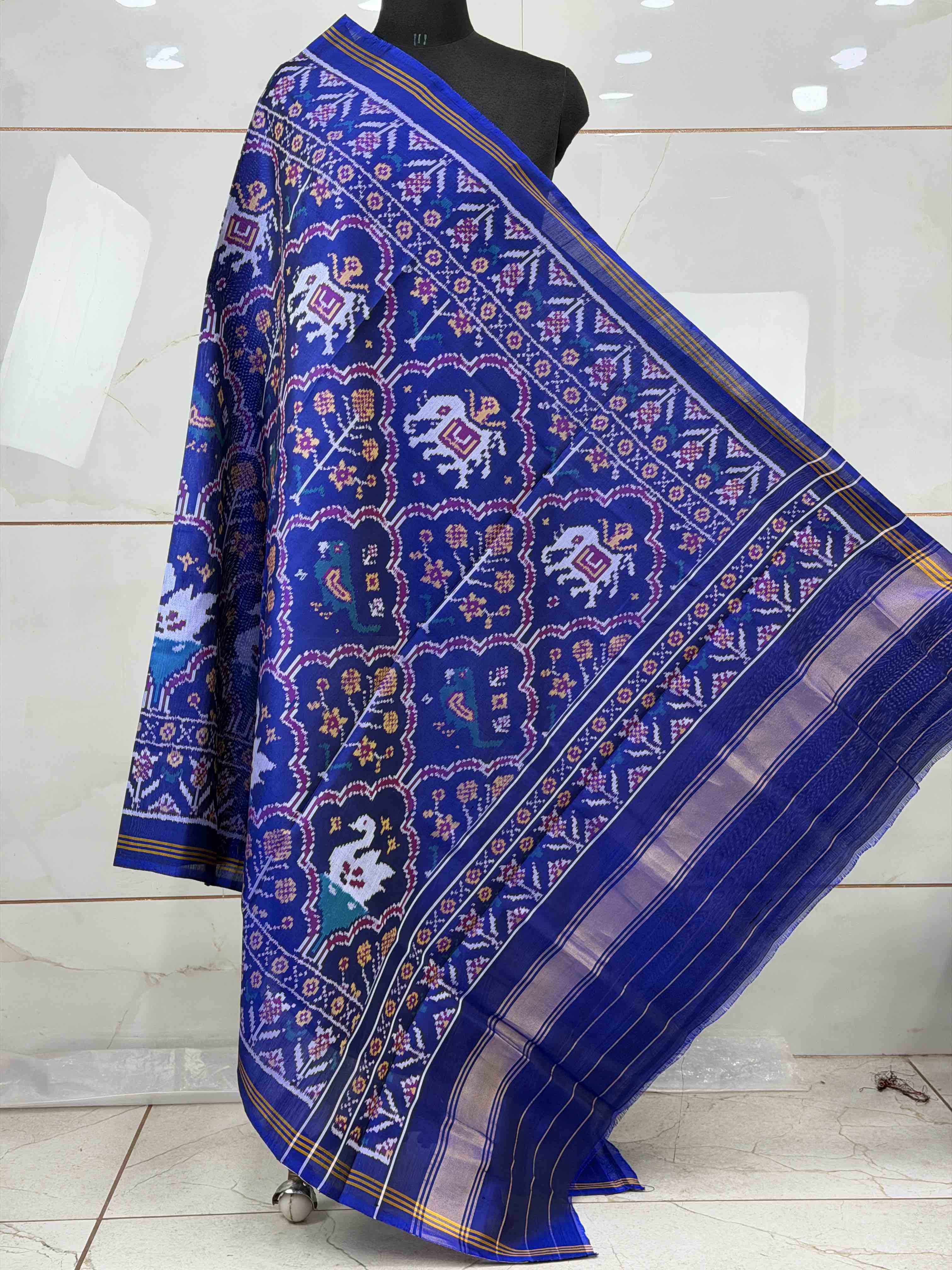 Blue floral figure design single ikat dupatta