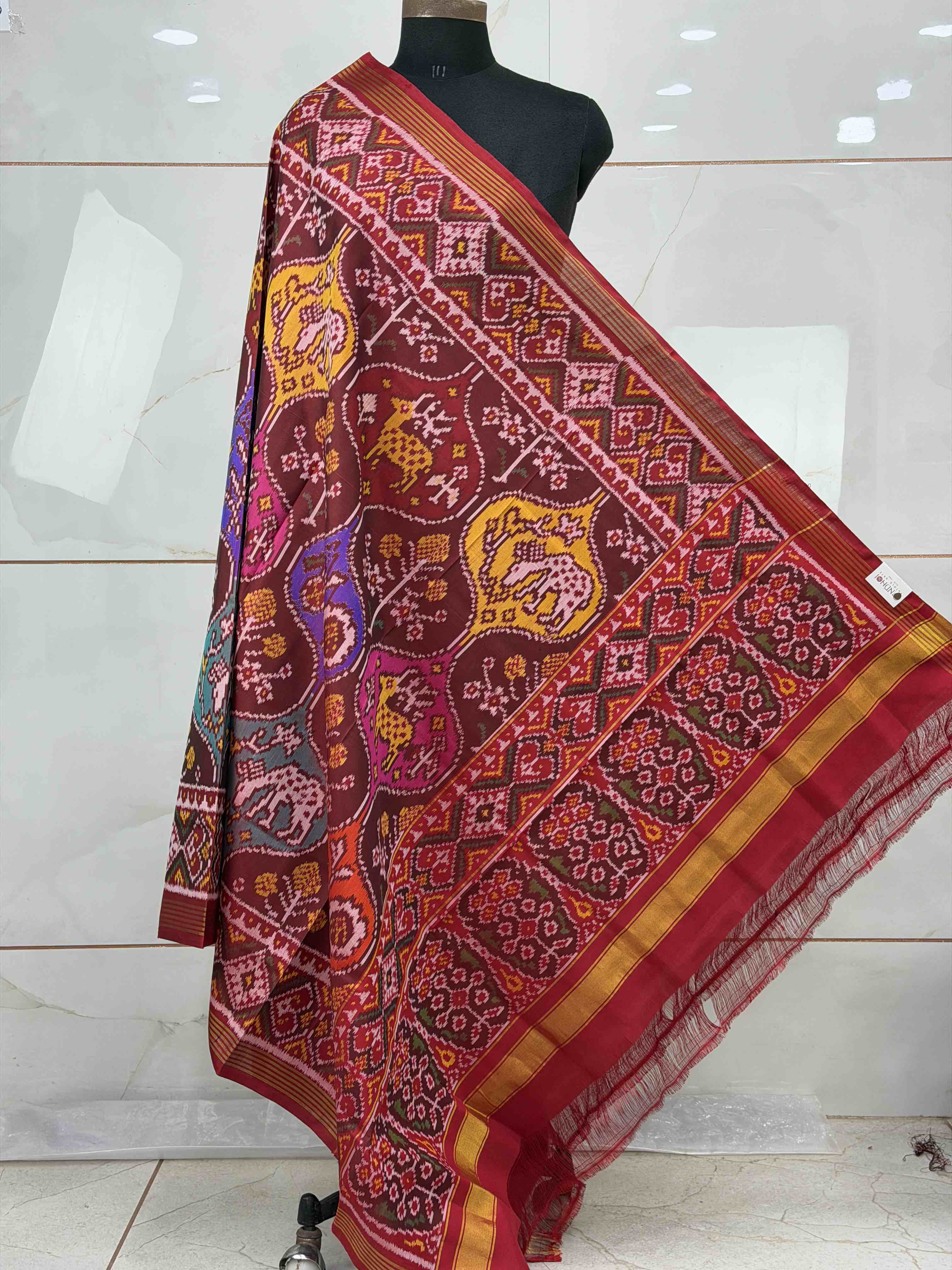 Maroon multi figure designer single ikat dupatta